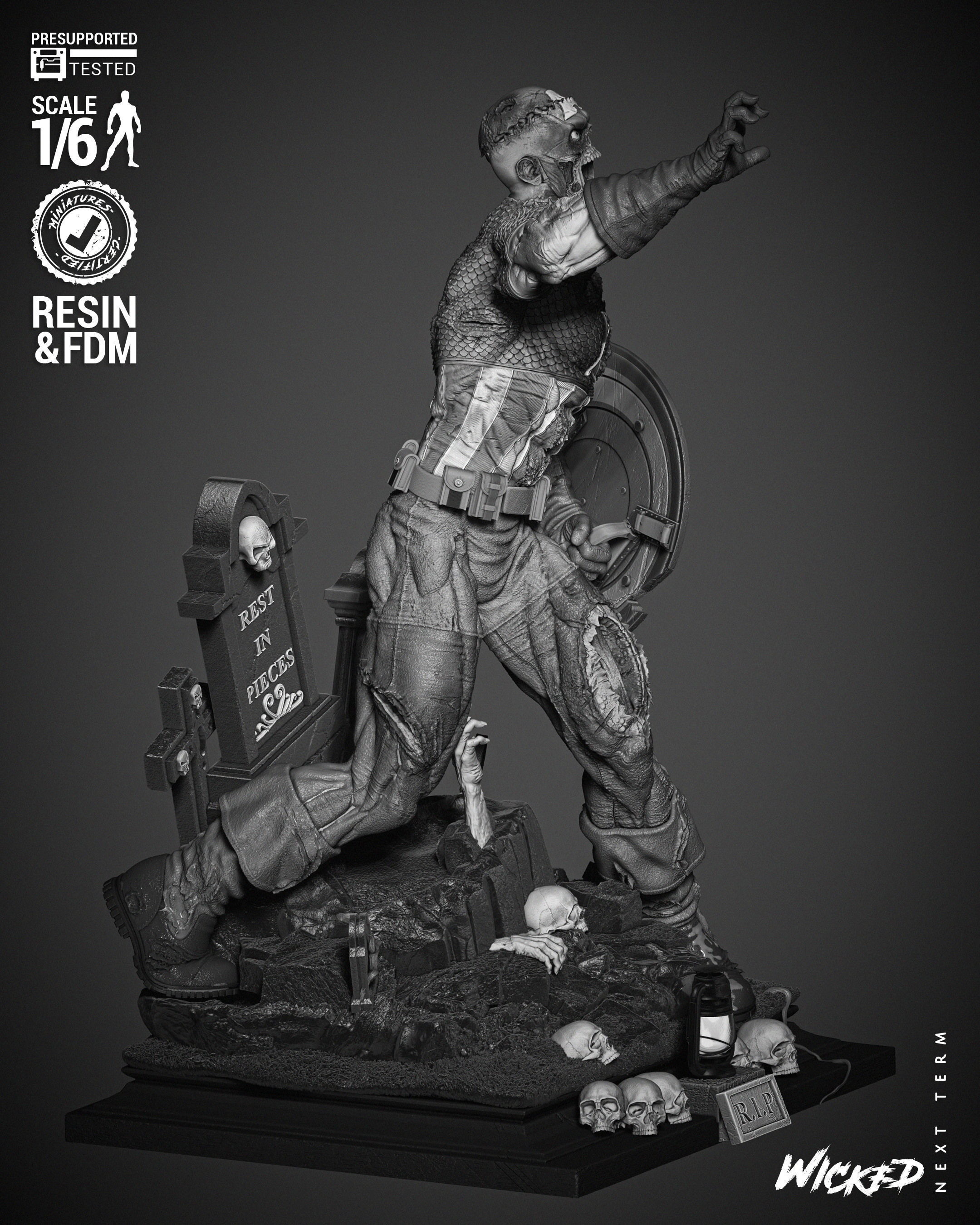Wicked Marvel Captain America Zombie Sculpture 3D print model_2