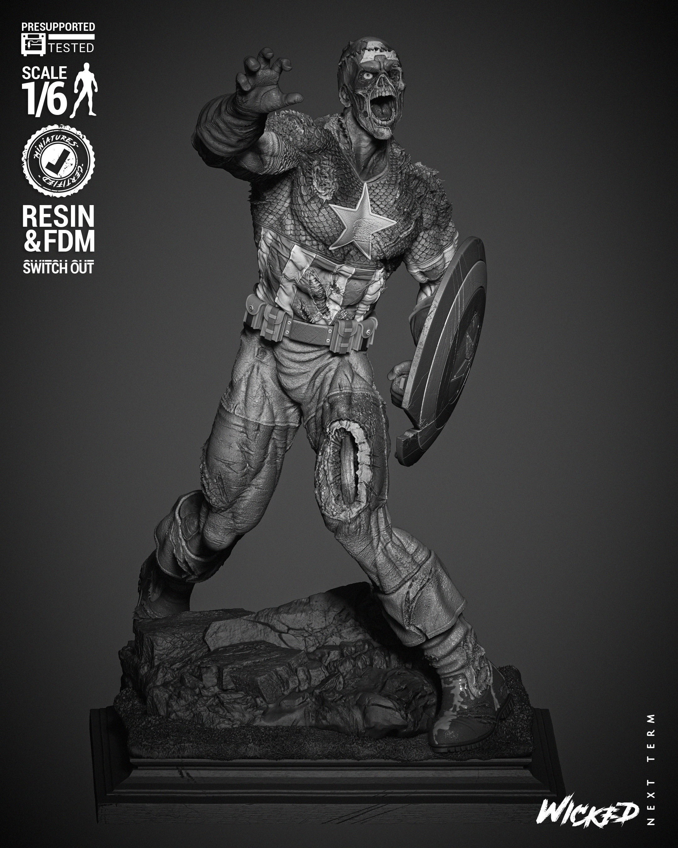 Wicked Marvel Captain America Zombie Sculpture 3D print model_39