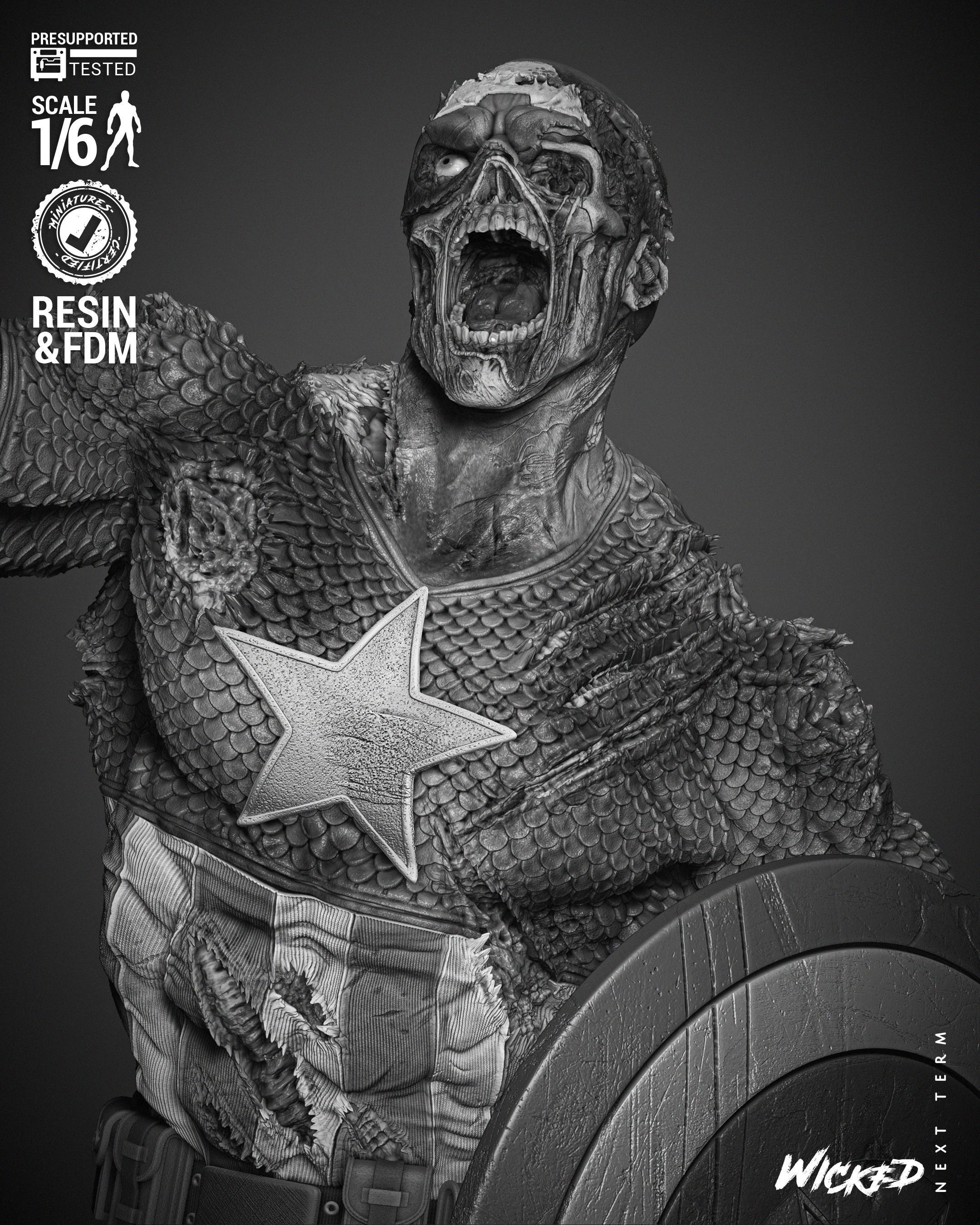 Wicked Marvel Captain America Zombie Sculpture 3D print model_18