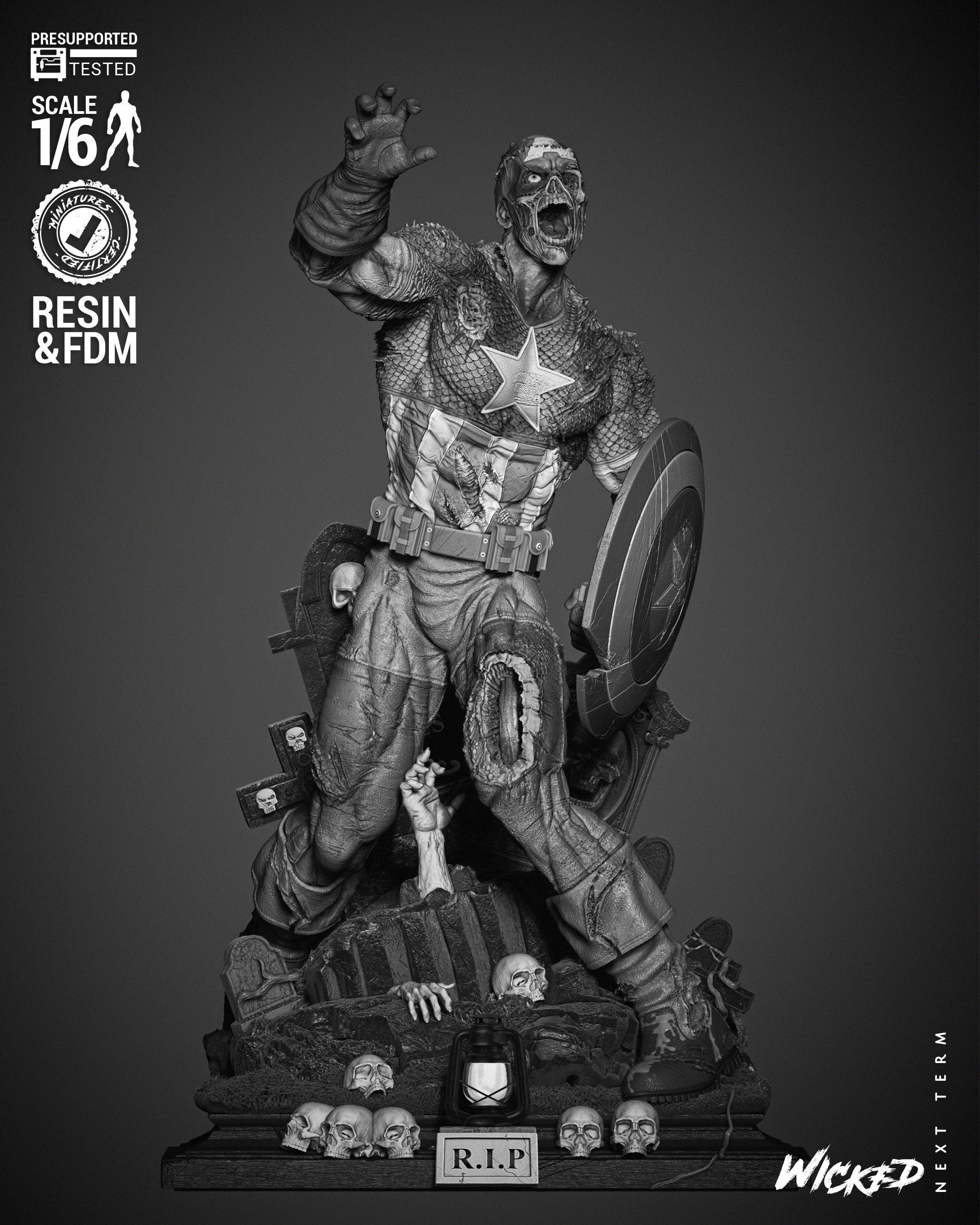 Wicked Marvel Captain America Zombie Sculpture 3D print model_1