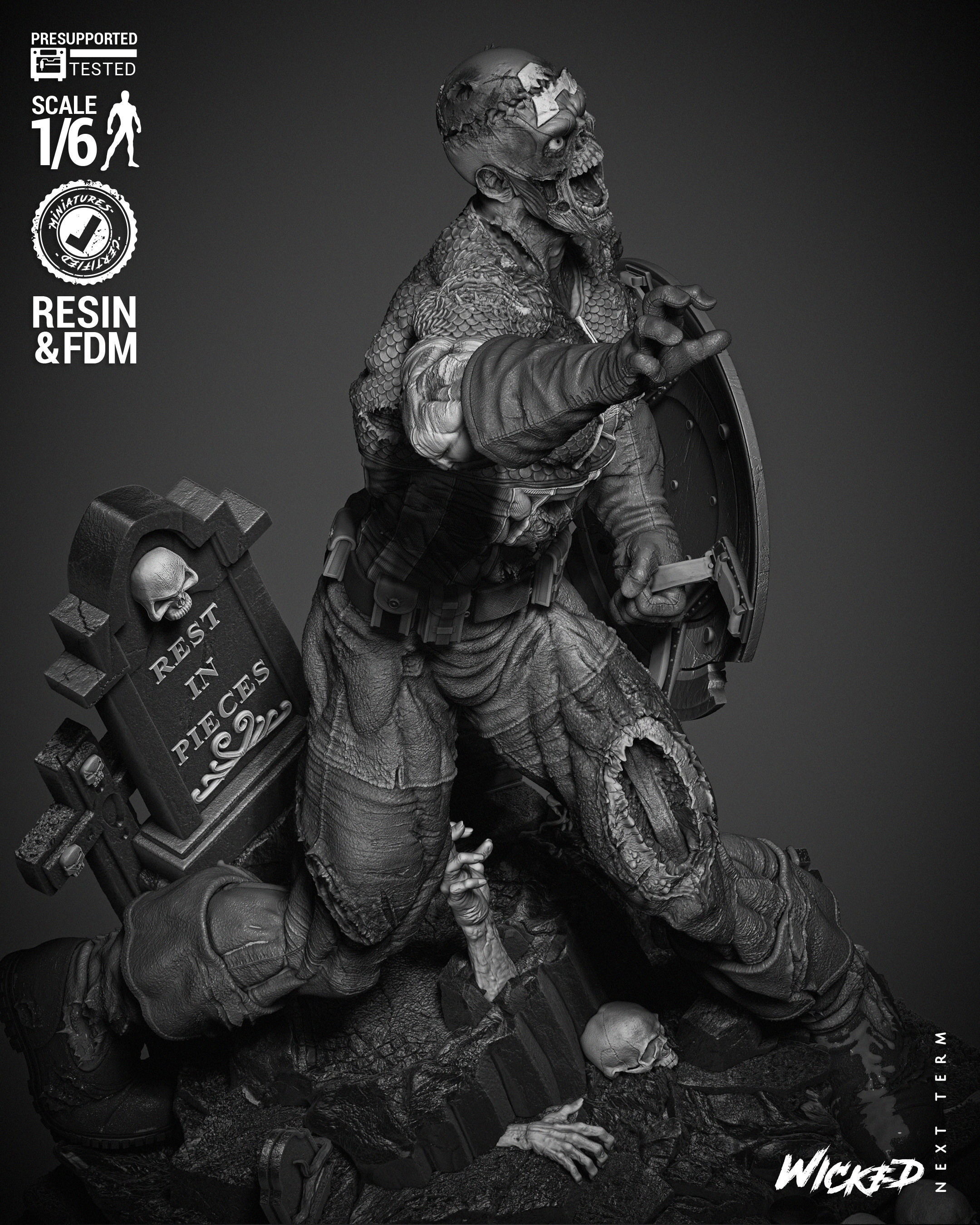 Wicked Marvel Captain America Zombie Sculpture 3D print model_13