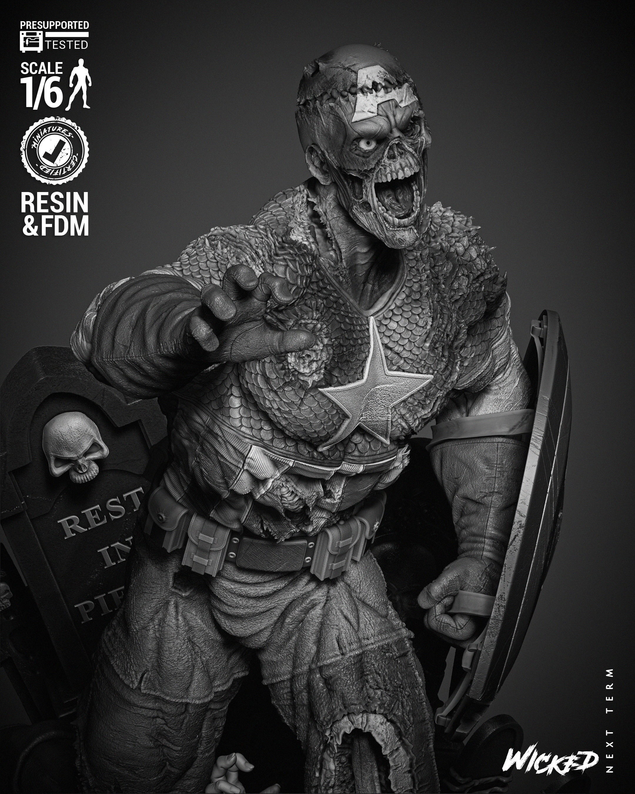 Wicked Marvel Captain America Zombie Sculpture 3D print model_8