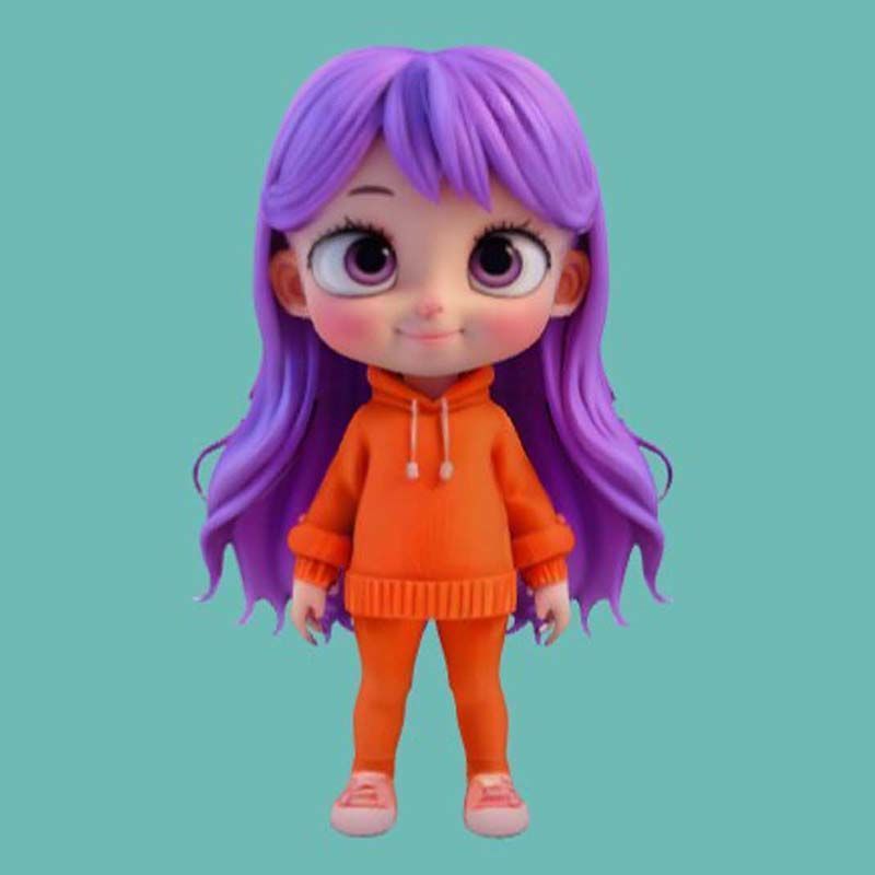 cute cartoon character with purple hair 3D print model_5