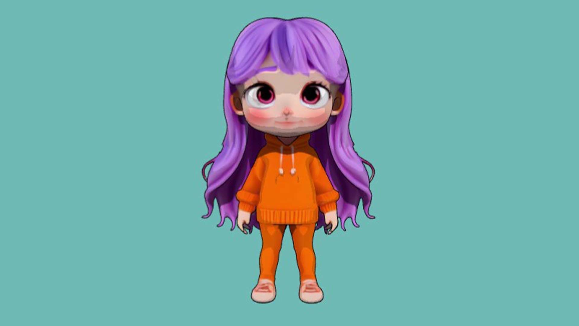 cute cartoon character with purple hair 3D print model_4