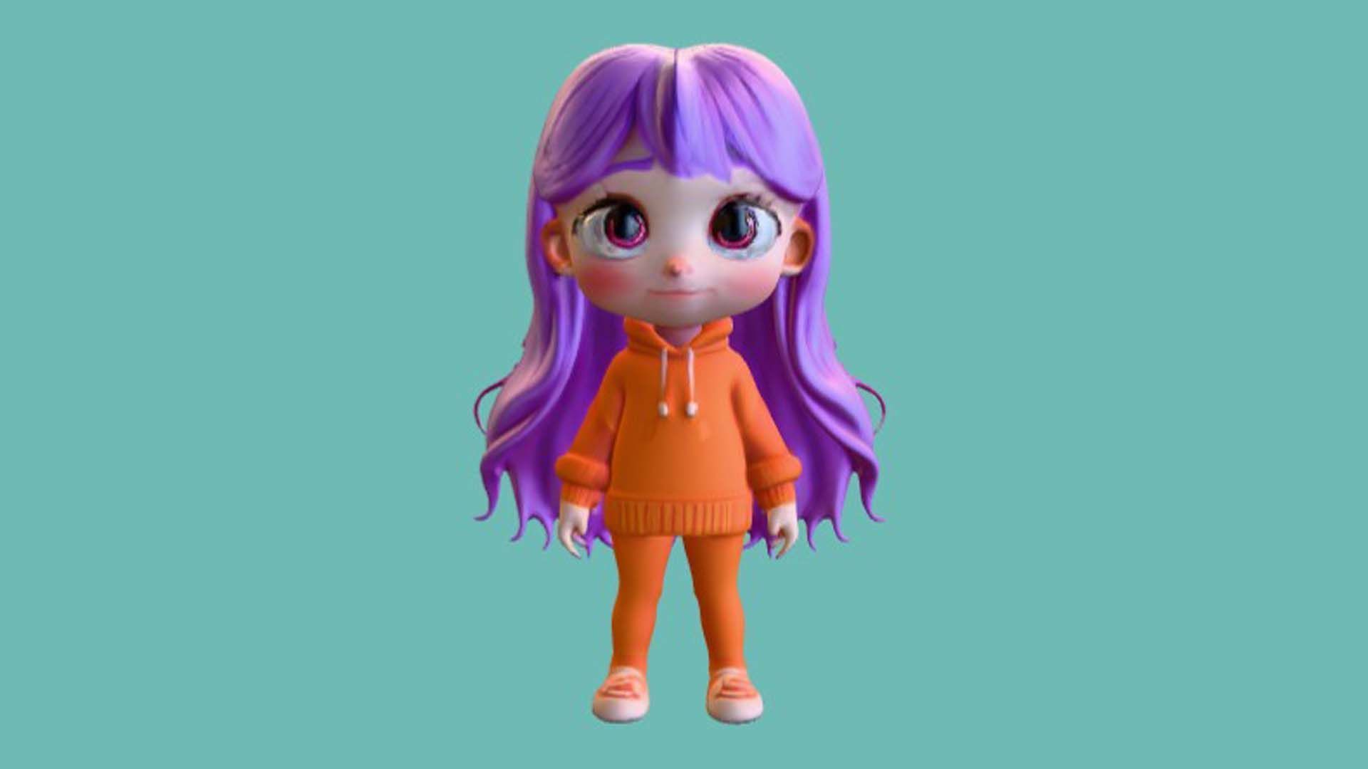 cute cartoon character with purple hair 3D print model_3
