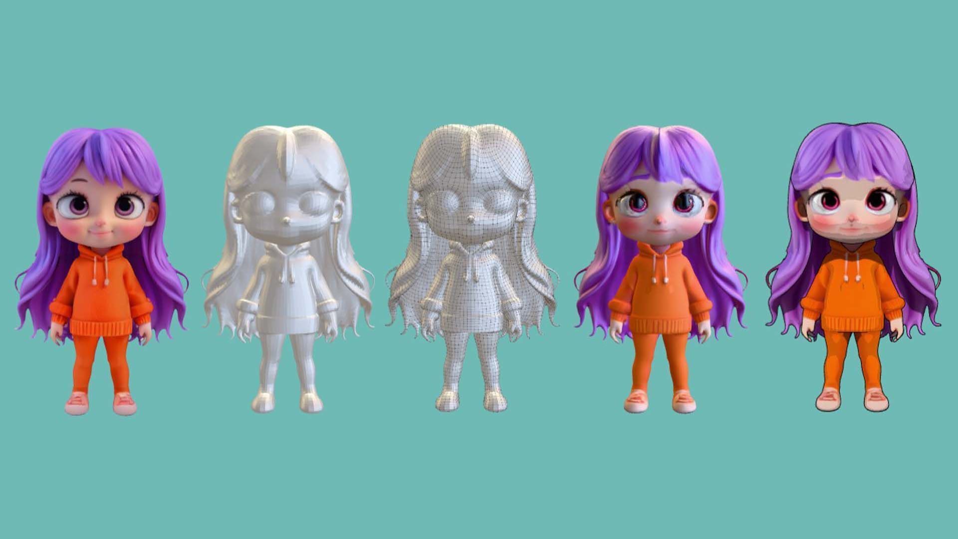 cute cartoon character with purple hair 3D print model_6