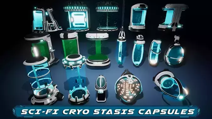 SciFi Lab cryo capsules and chambers Low-poly 3D model