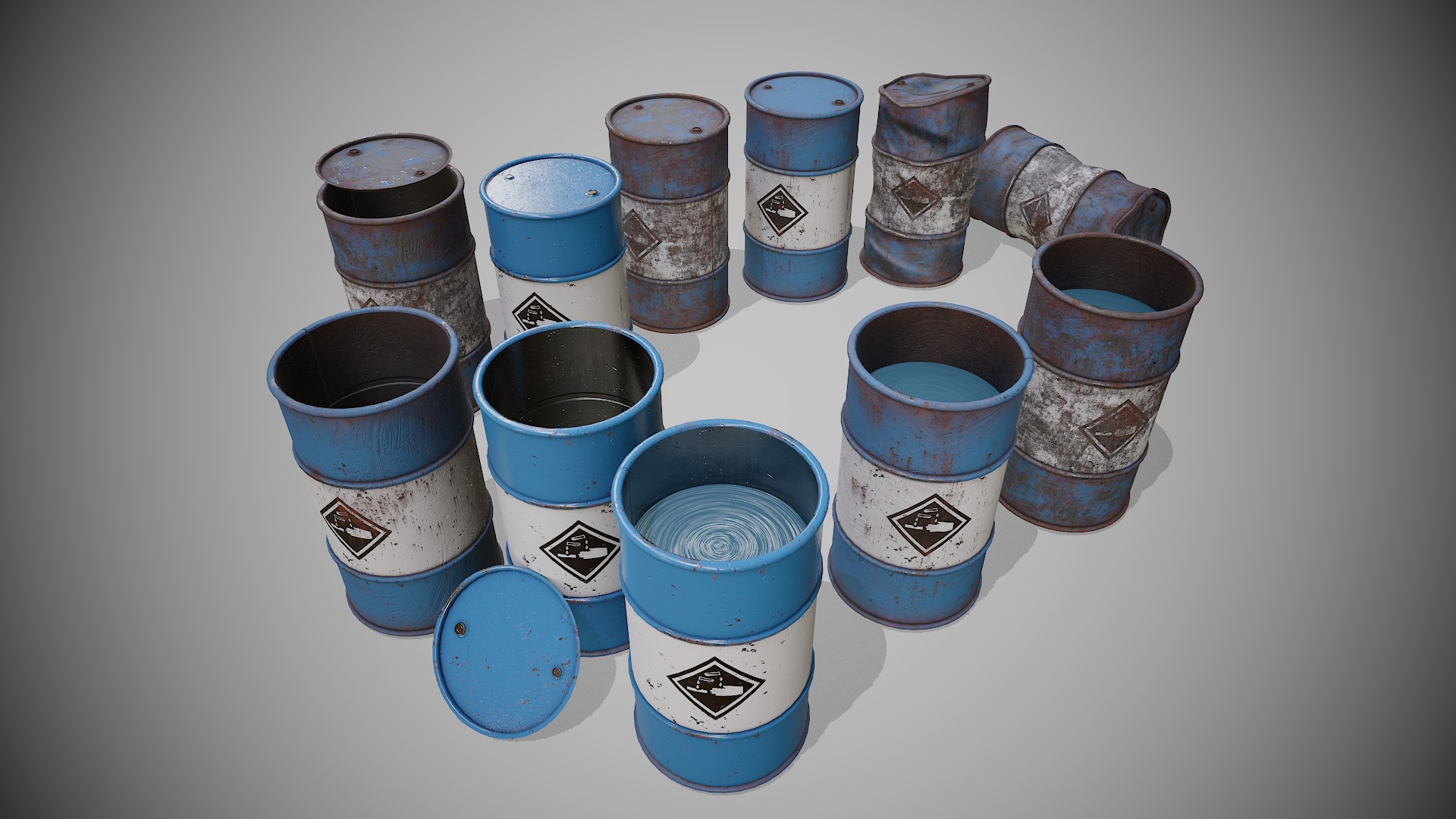 Barrels blue set Low-poly 3D model_5