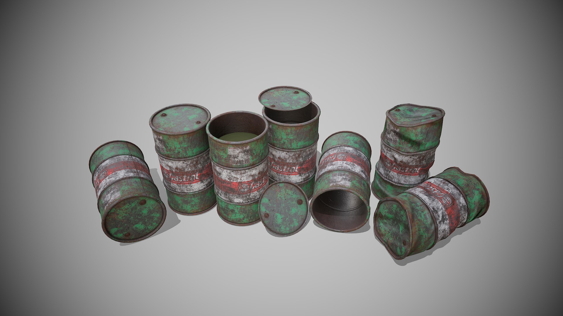 Barrels green rusty Low-poly 3D model_5