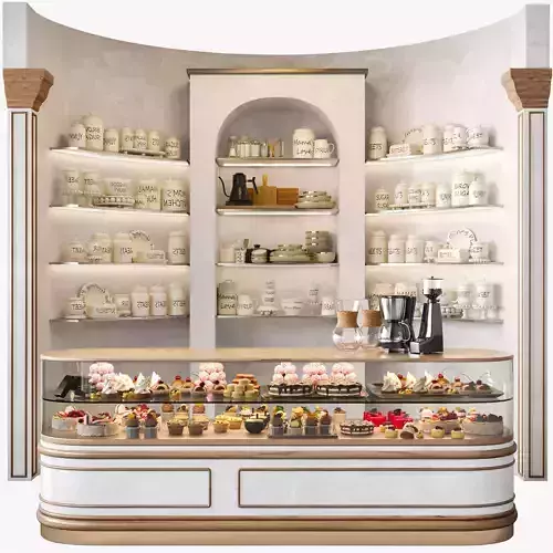 Large coffee shop  pastry shop with a rack