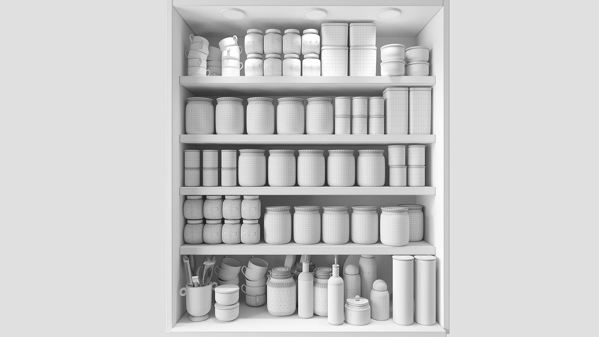 Shelf with spices preserves and kitchen utensils 3D model_1