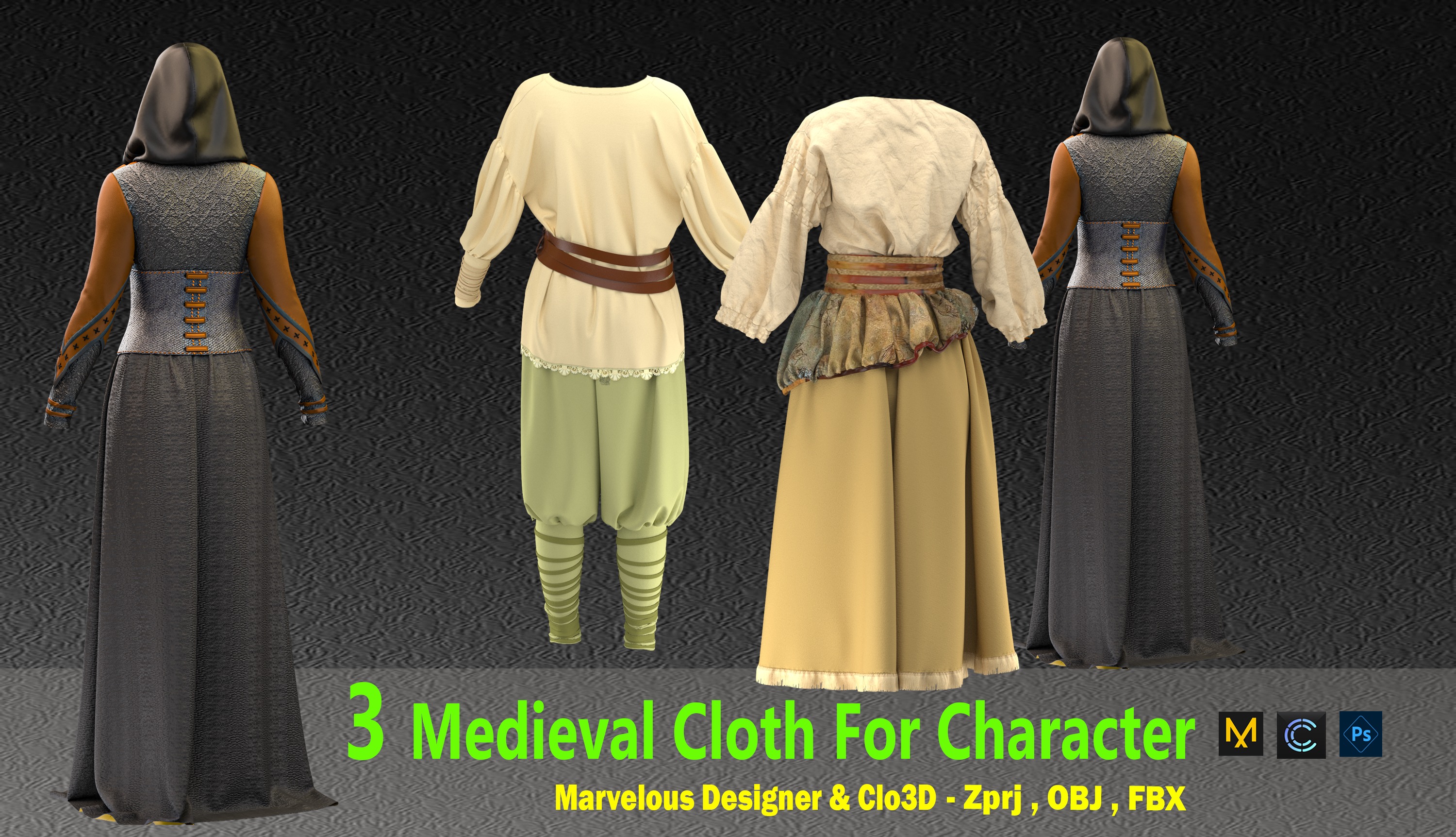 3 Medieval Cloth For Character 3D model_1