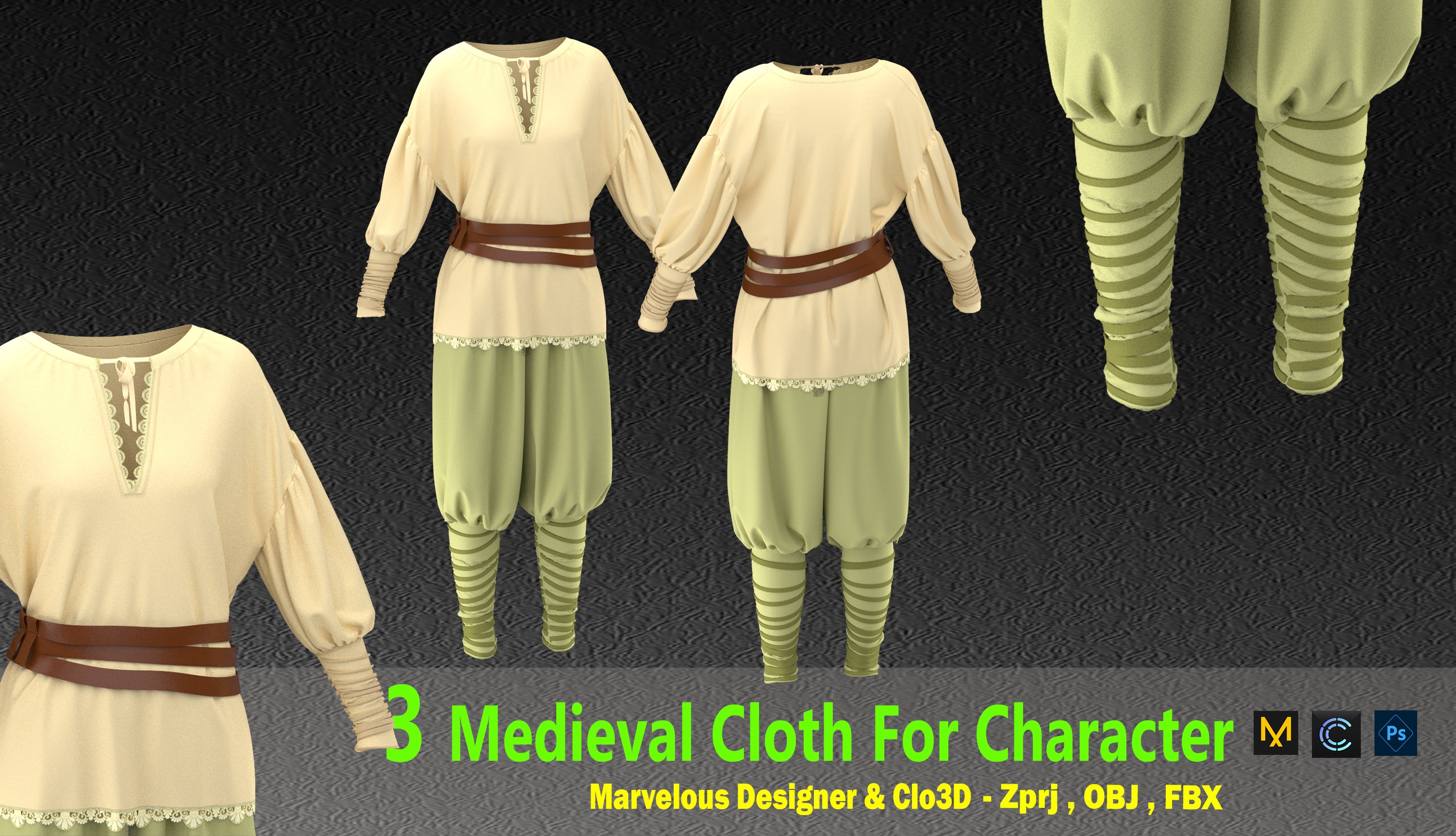 3 Medieval Cloth For Character 3D model_3