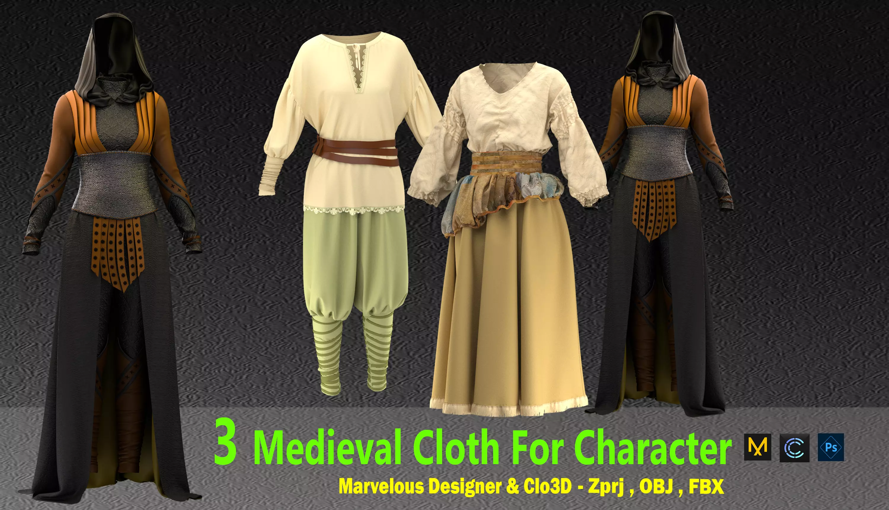 3 Medieval Cloth For Character 3D model_0