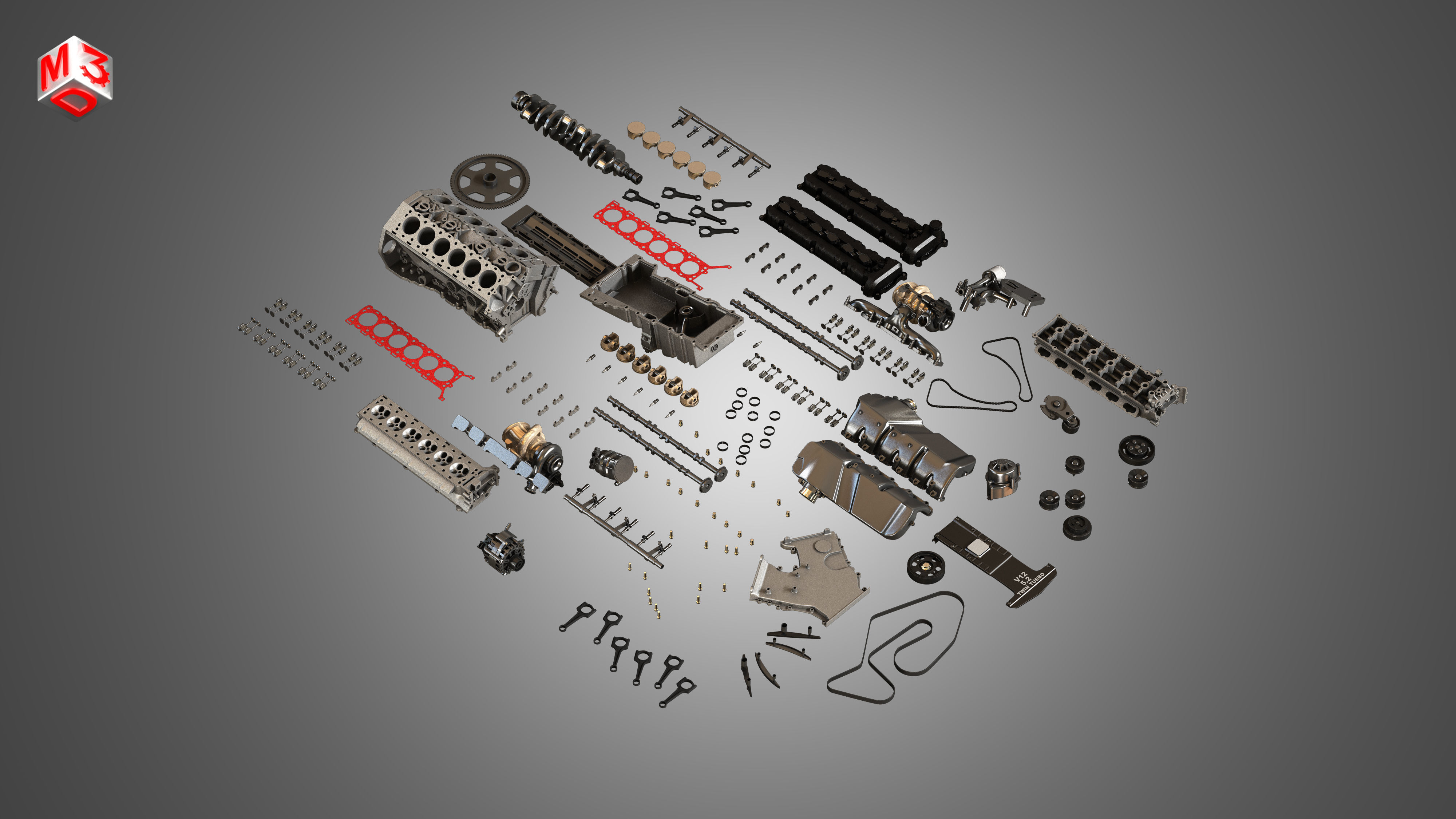 V12 Twin Turbo Disassembled Car Engine 3D model_7
