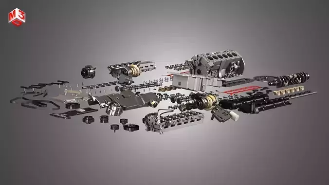 V12 Twin Turbo Disassembled Car Engine 3D model