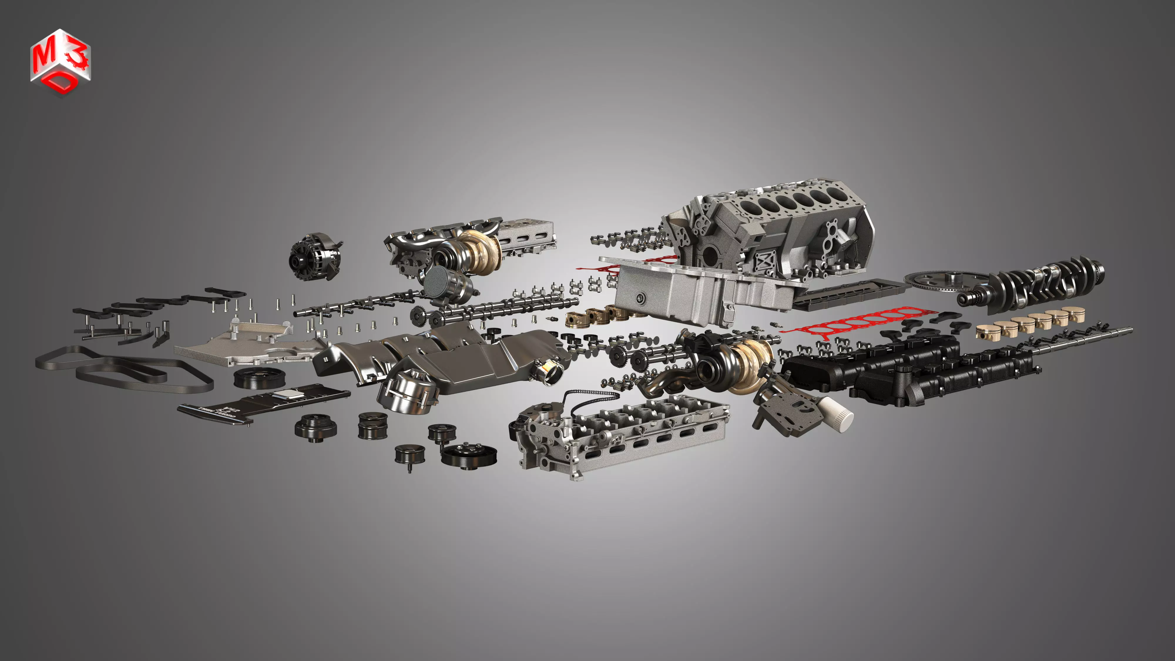 V12 Twin Turbo Disassembled Car Engine 3D model_0