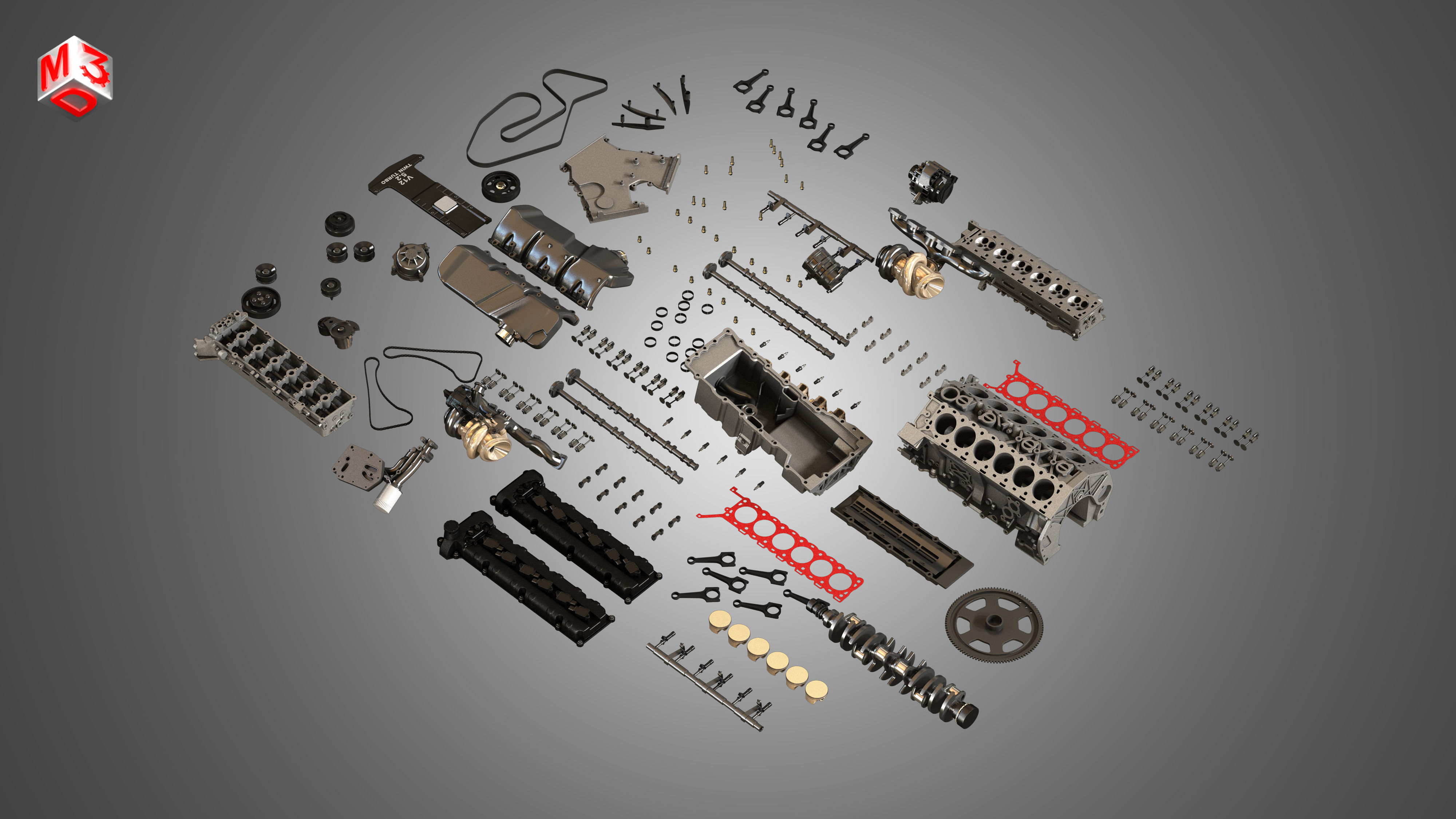 V12 Twin Turbo Disassembled Car Engine 3D model_5