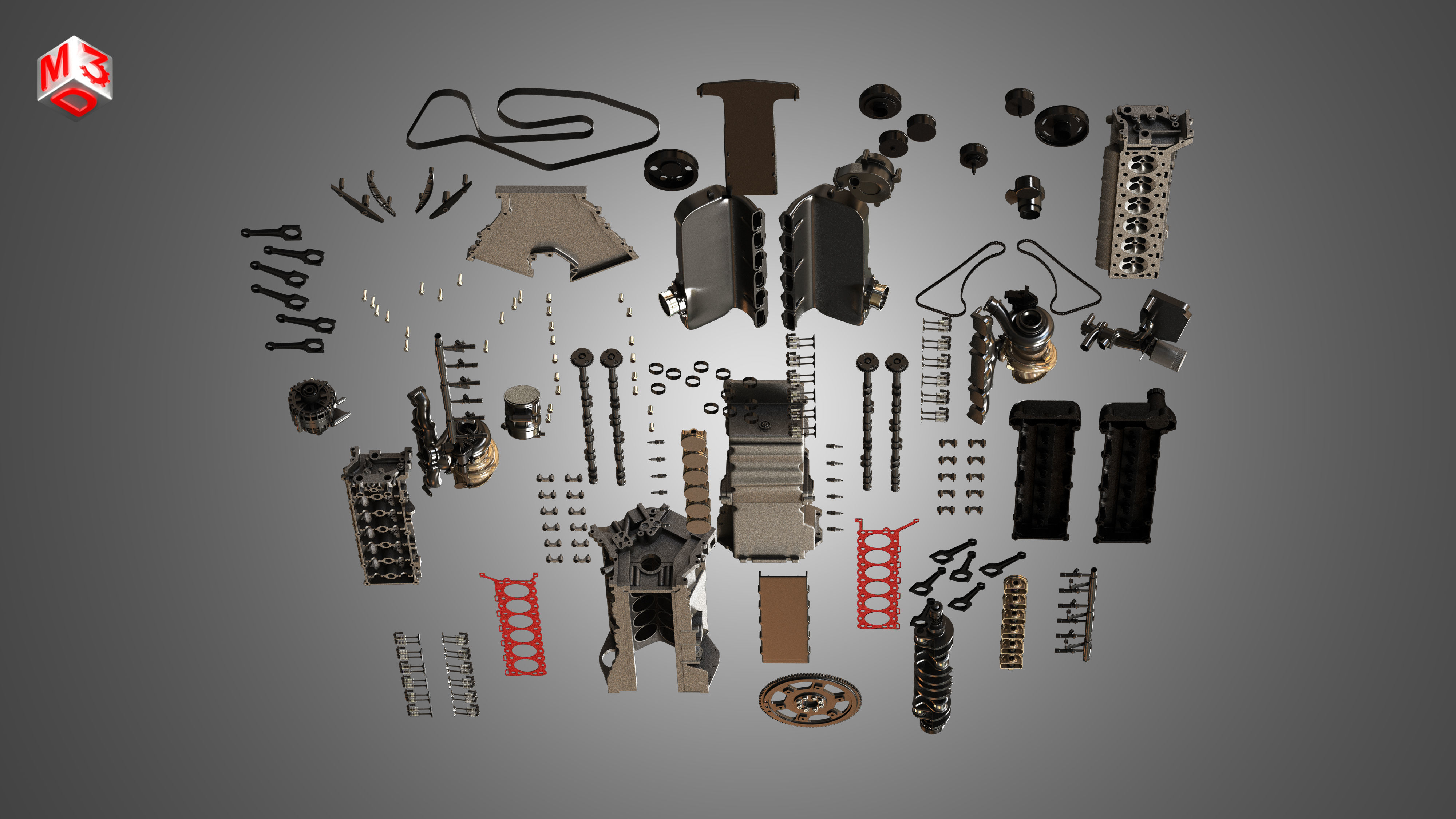 V12 Twin Turbo Disassembled Car Engine 3D model_14