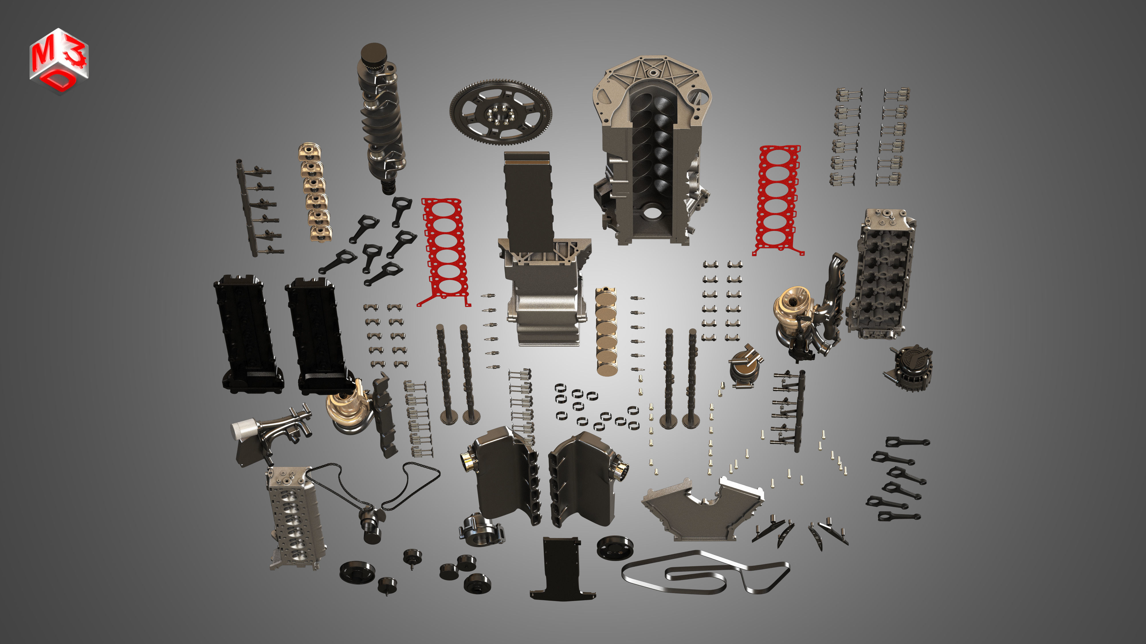 V12 Twin Turbo Disassembled Car Engine 3D model_12