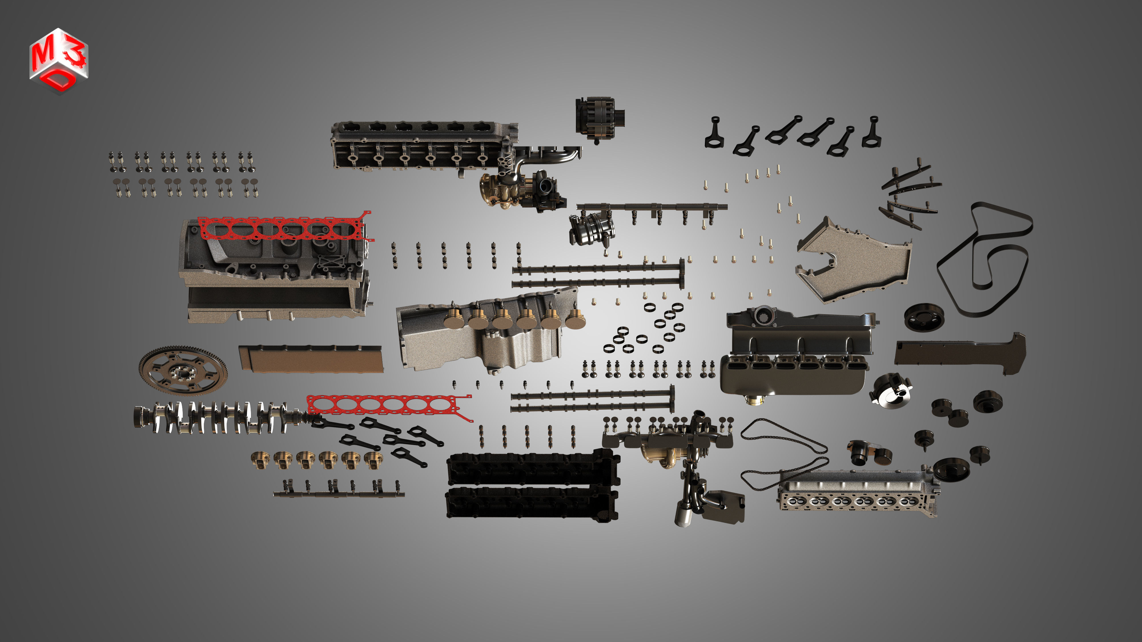 V12 Twin Turbo Disassembled Car Engine 3D model_13