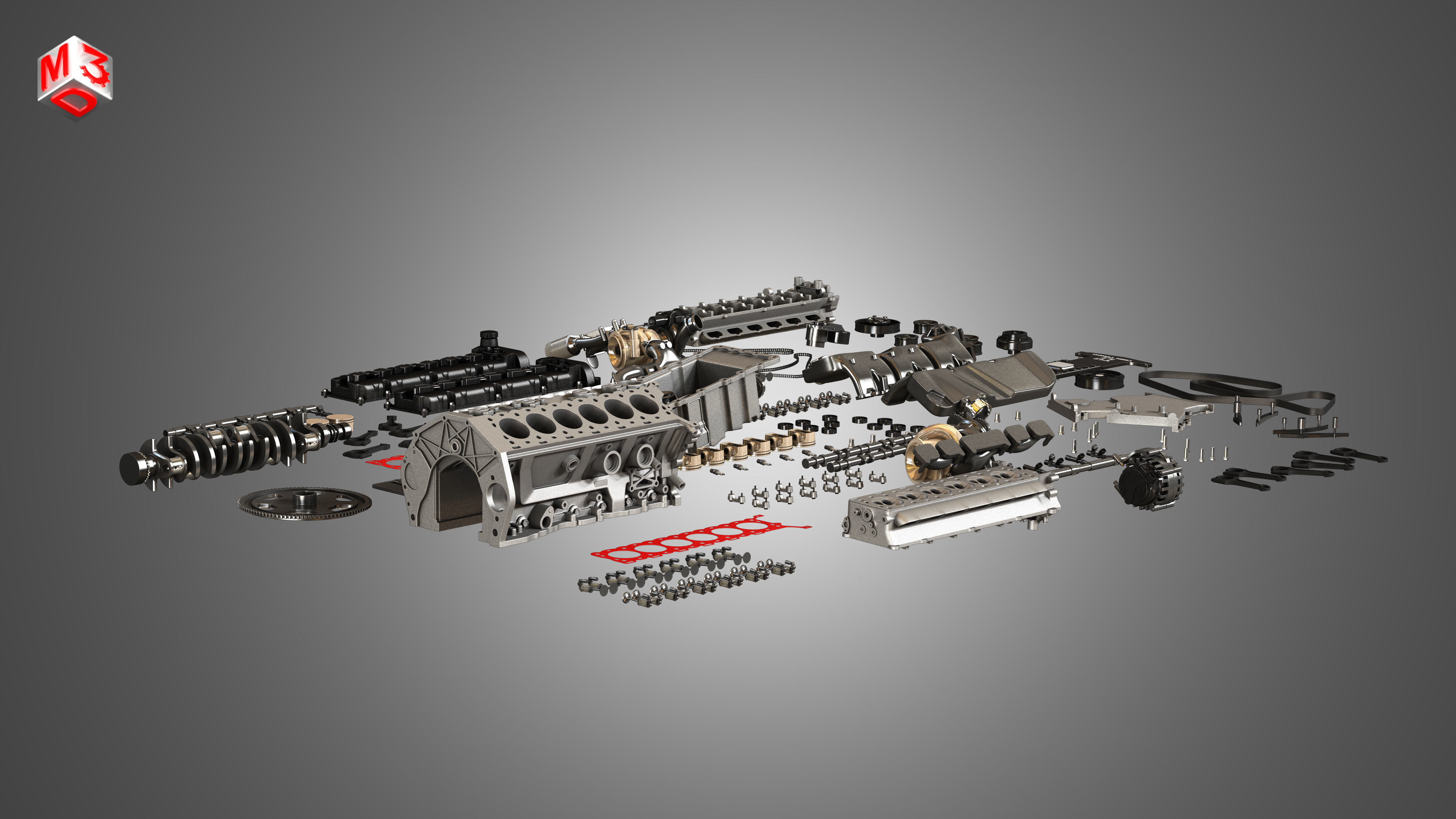 V12 Twin Turbo Disassembled Car Engine 3D model_2