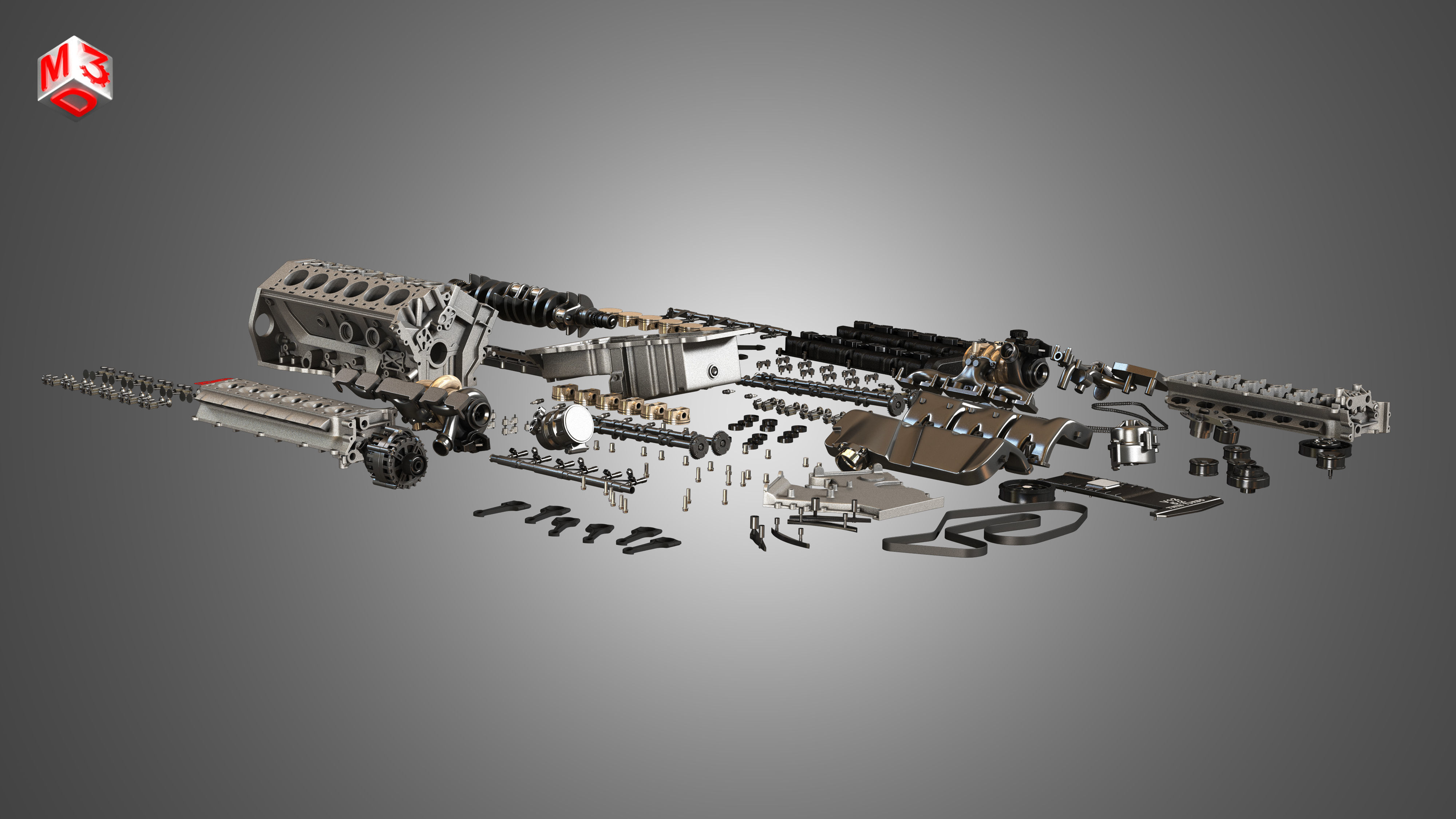 V12 Twin Turbo Disassembled Car Engine 3D model_3