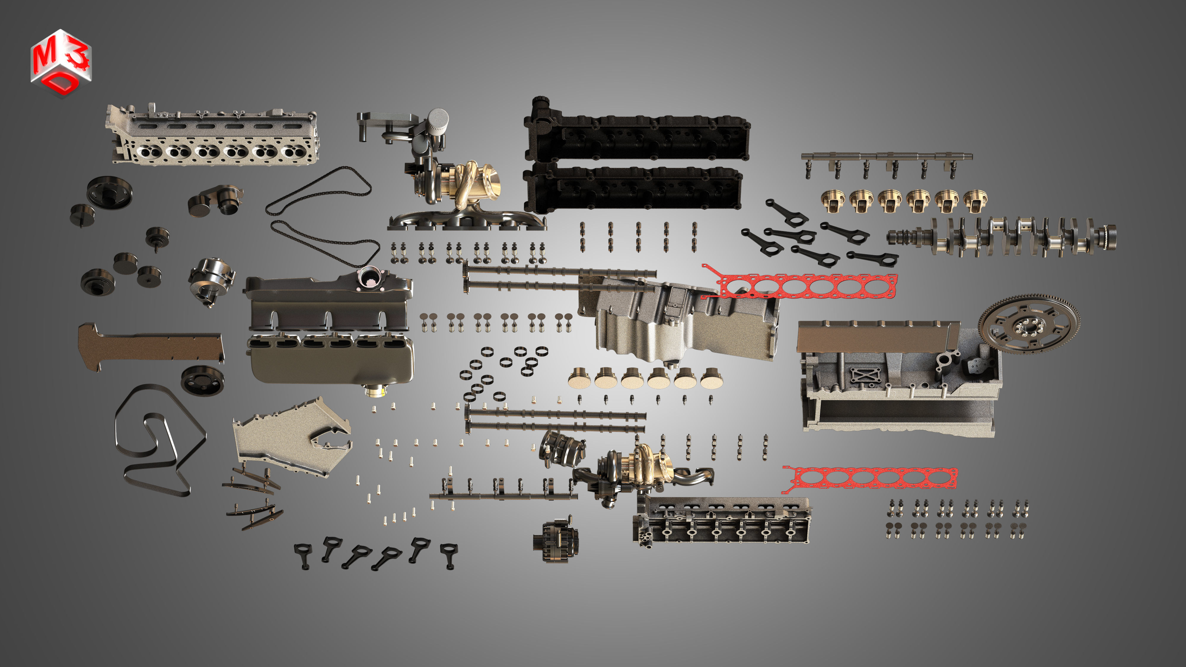 V12 Twin Turbo Disassembled Car Engine 3D model_15