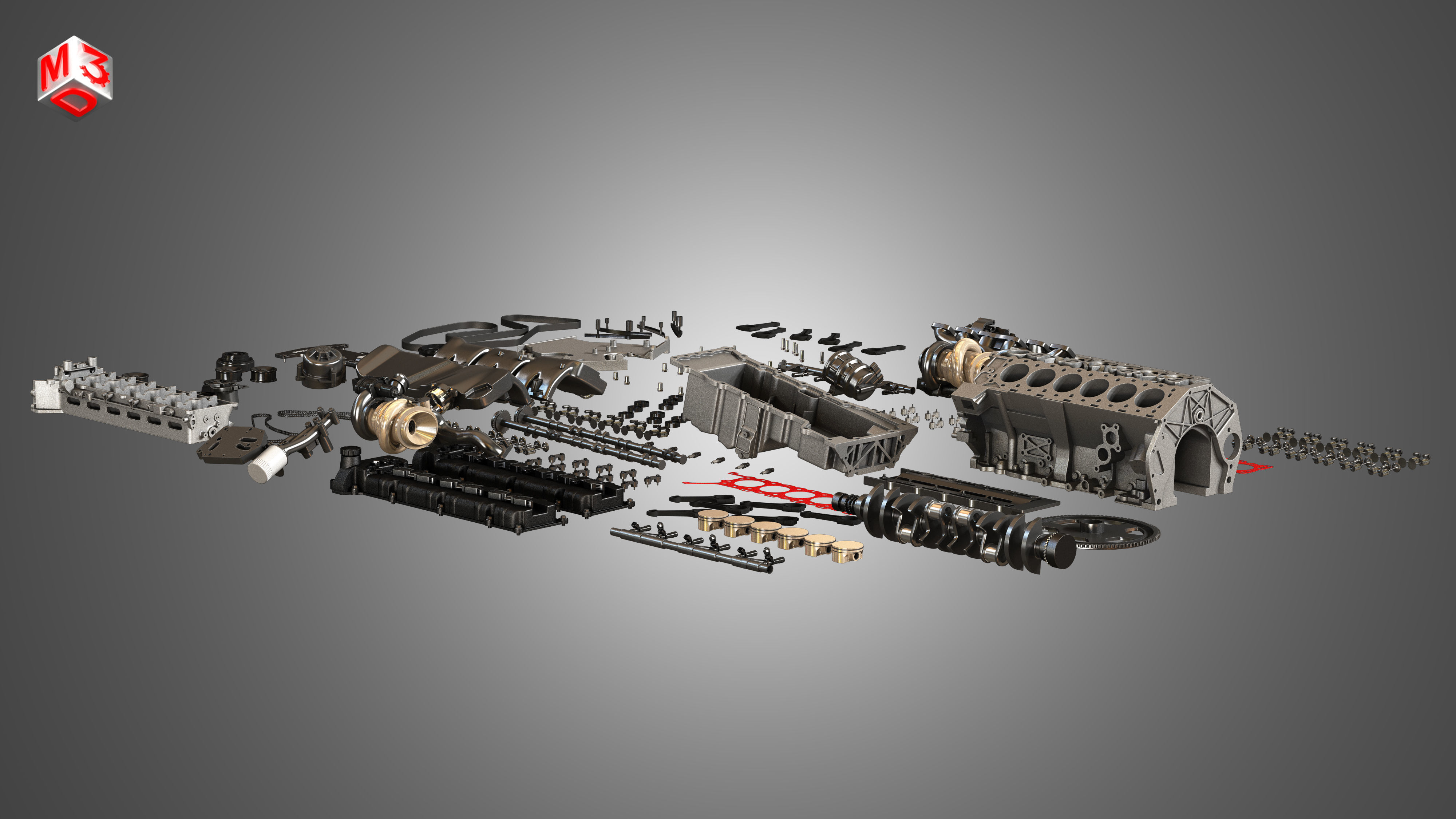 V12 Twin Turbo Disassembled Car Engine 3D model_1