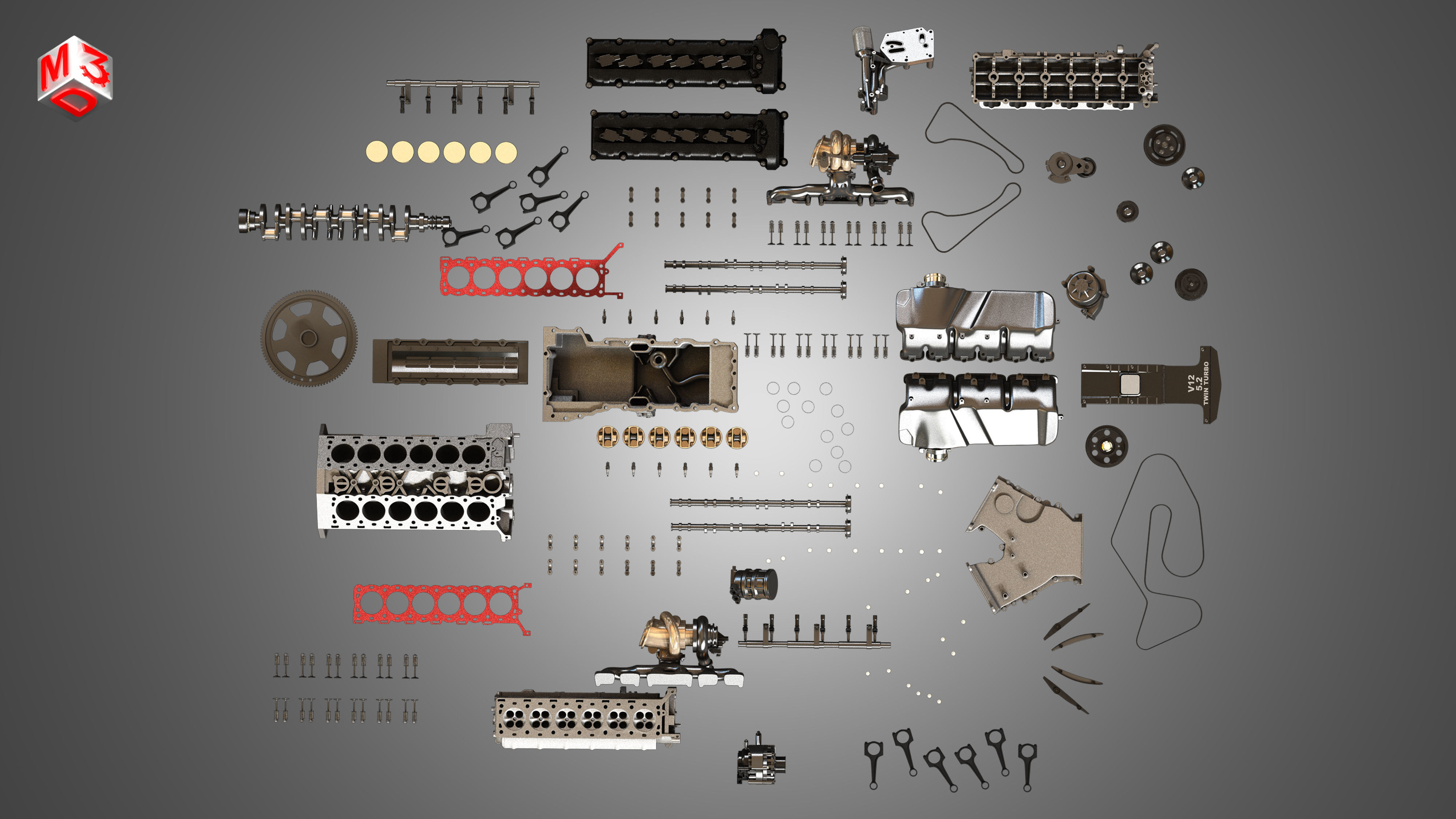 V12 Twin Turbo Disassembled Car Engine 3D model_11