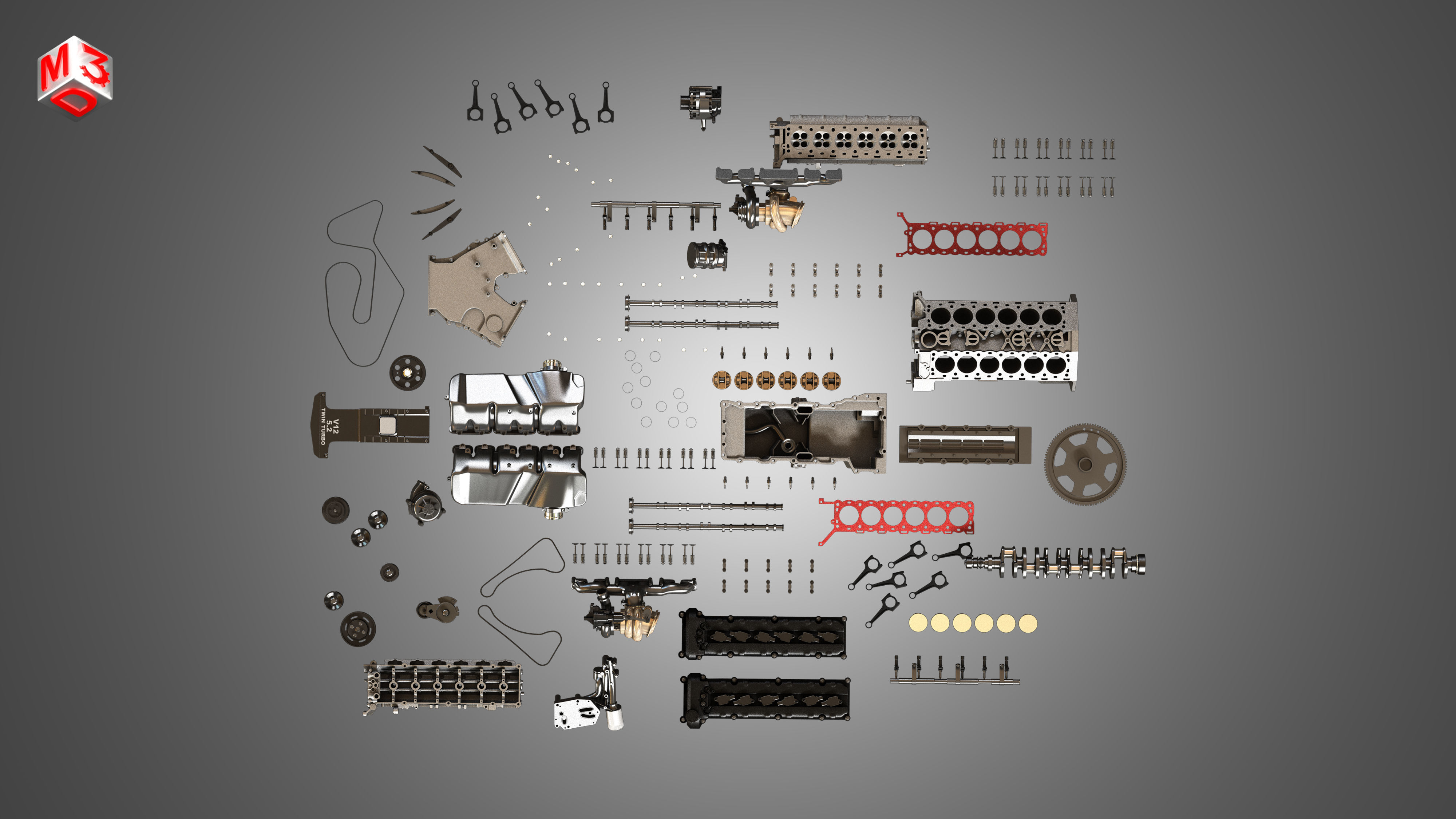 V12 Twin Turbo Disassembled Car Engine 3D model_9