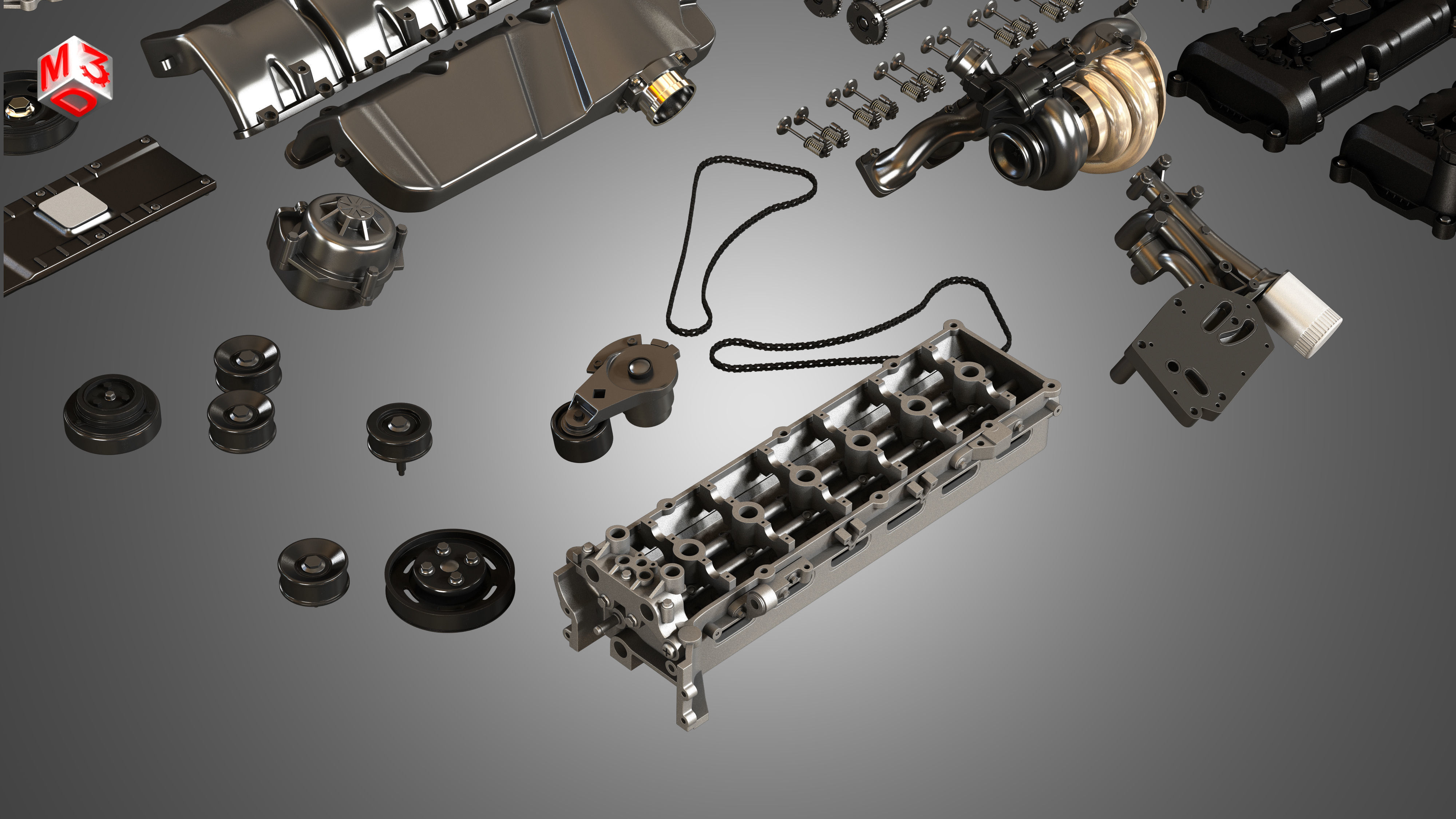 V12 Twin Turbo Disassembled Car Engine 3D model_16