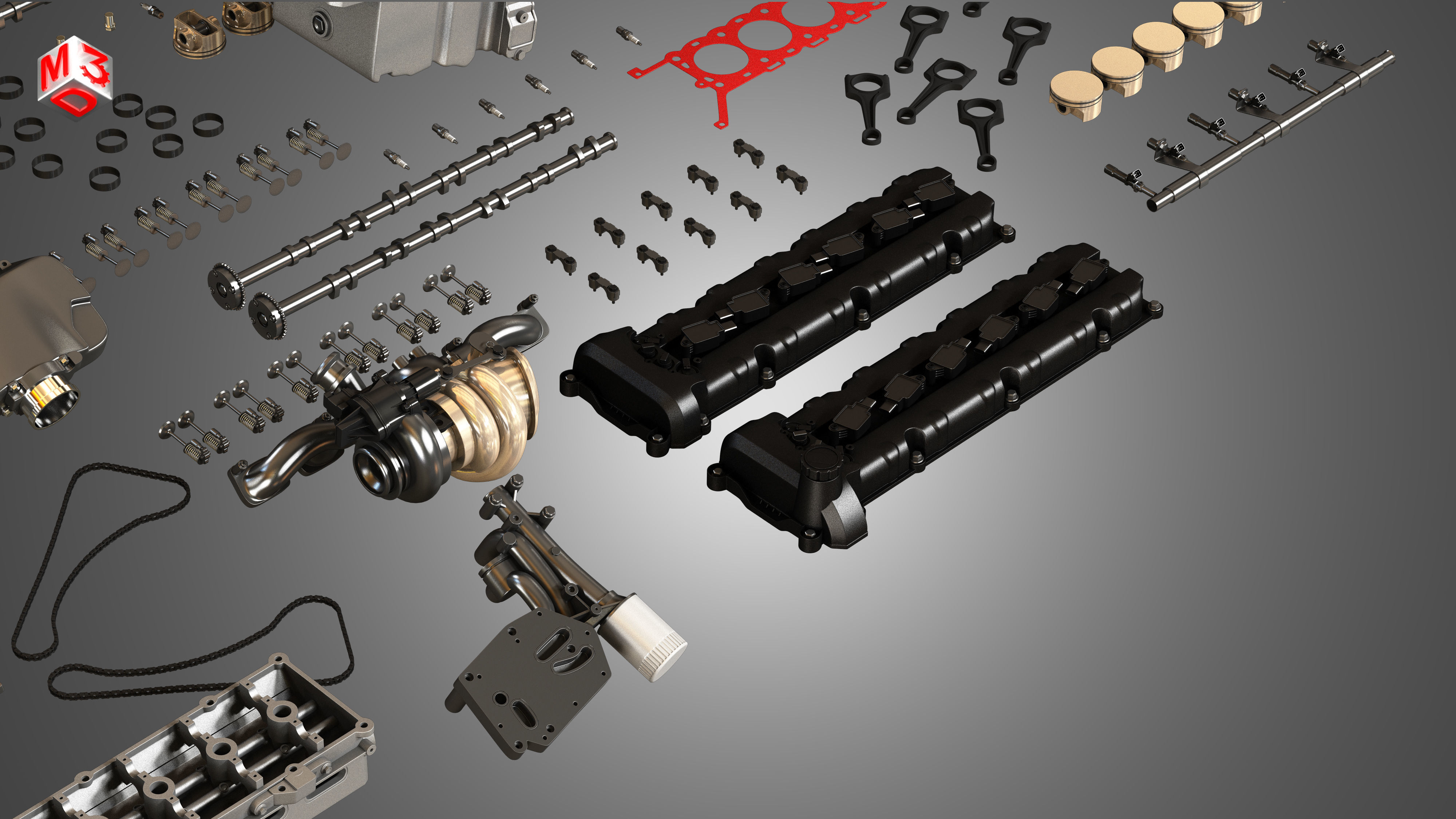V12 Twin Turbo Disassembled Car Engine 3D model_17