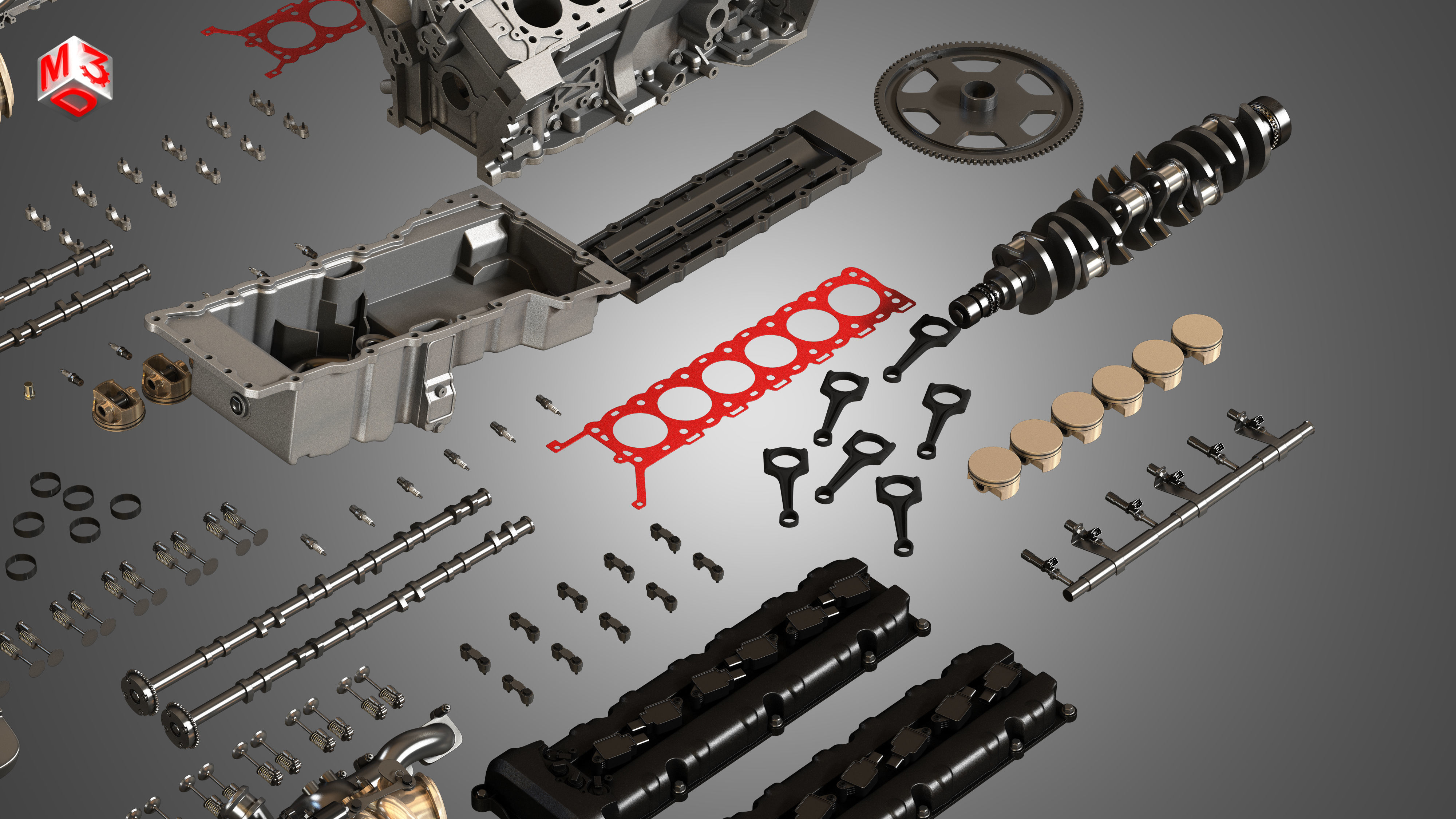 V12 Twin Turbo Disassembled Car Engine 3D model_18