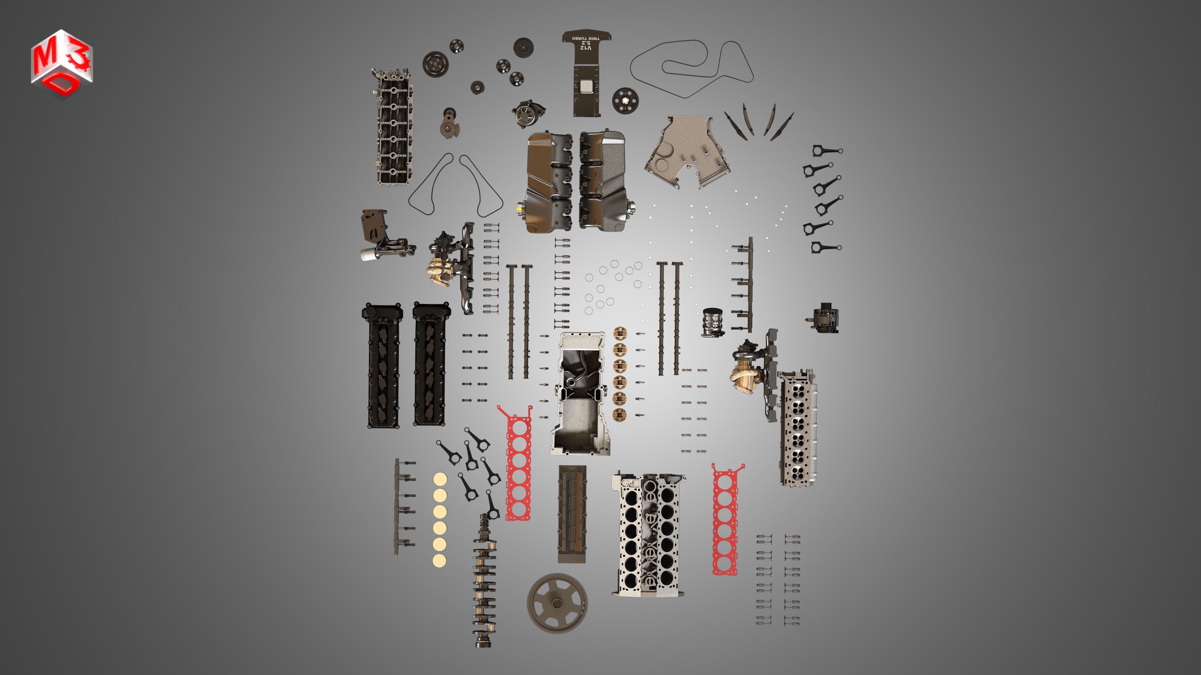V12 Twin Turbo Disassembled Car Engine 3D model_10