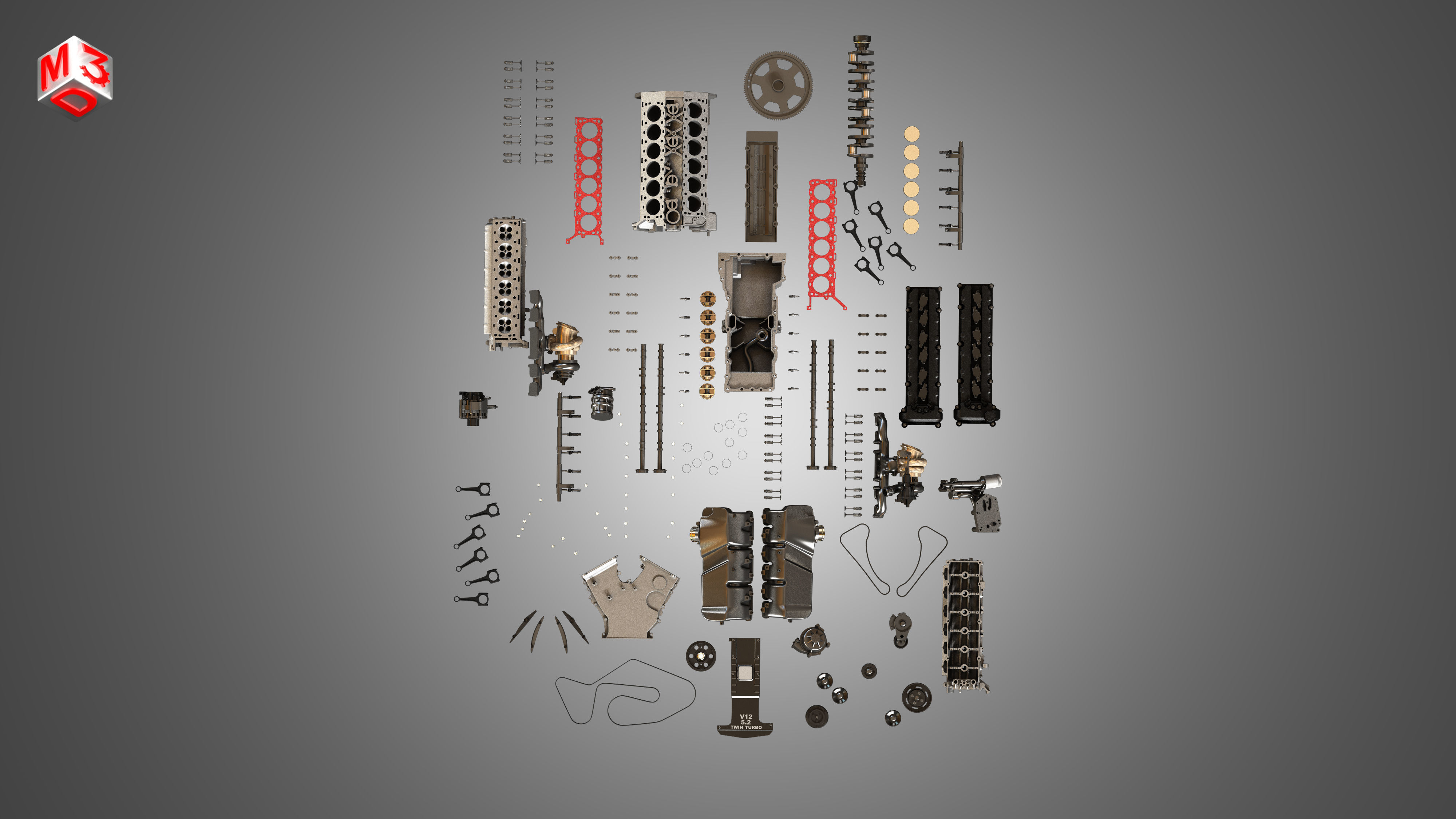 V12 Twin Turbo Disassembled Car Engine 3D model_8