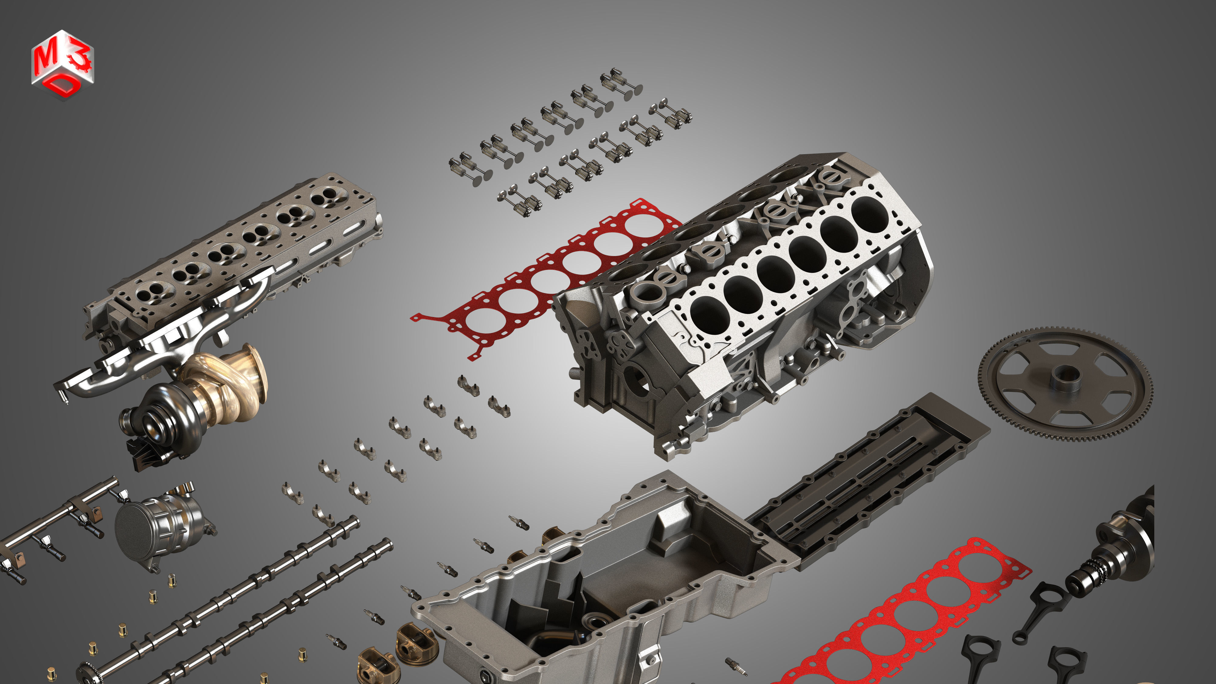 V12 Twin Turbo Disassembled Car Engine 3D model_19