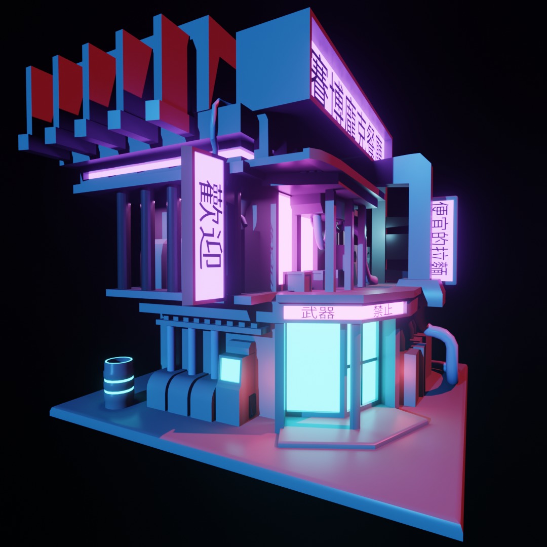  exterrior-building cyberpunk restaurant  isometric  Free low-poly 3D model_5