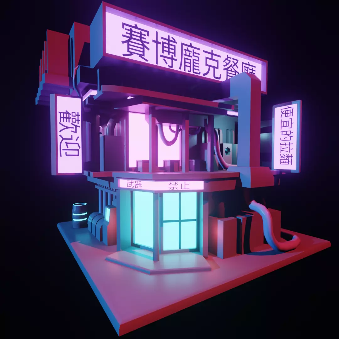  exterrior-building cyberpunk restaurant  isometric  Free low-poly 3D model_0