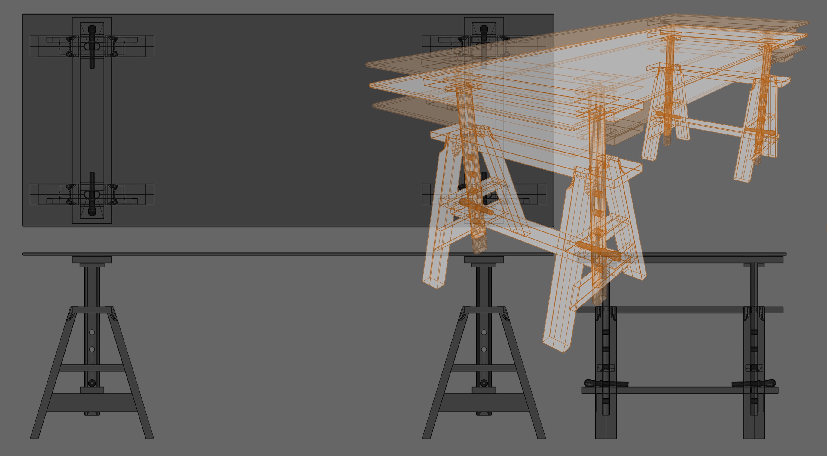 Glass-topped Trestle Table 3D model_3