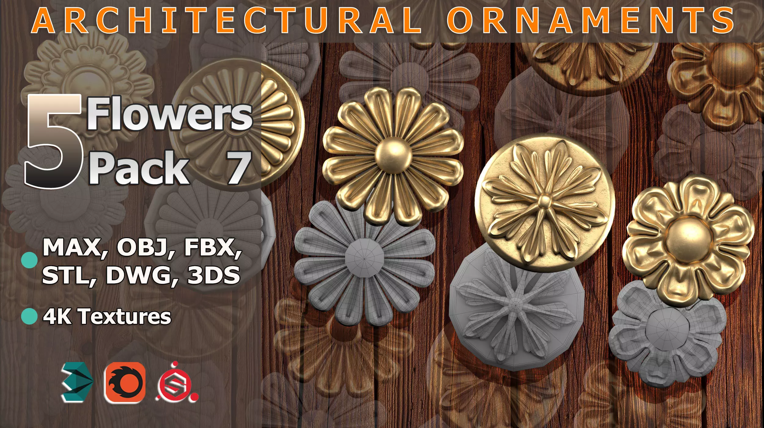 5 Flowers Ornamental Pack 7 3D model_0