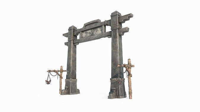 Ancient Stone Pagodas and Torii in Asia 3D model