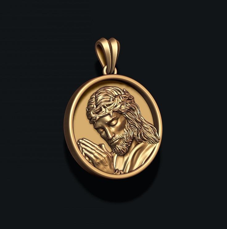 Praying Jesus round frame pendant 3D print model_2