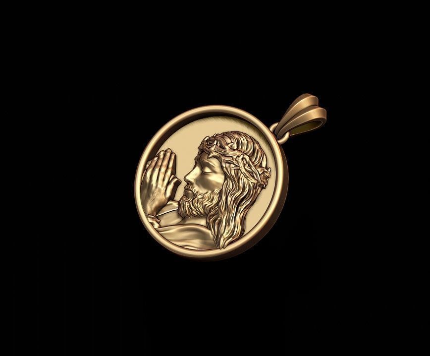 Praying Jesus round frame pendant 3D print model_4