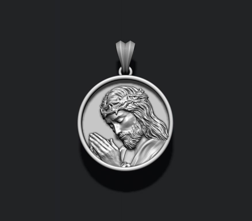 Praying Jesus round frame pendant 3D print model_6