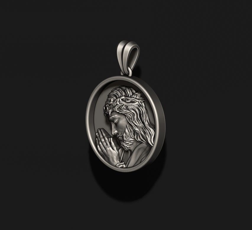 Praying Jesus round frame pendant 3D print model_5