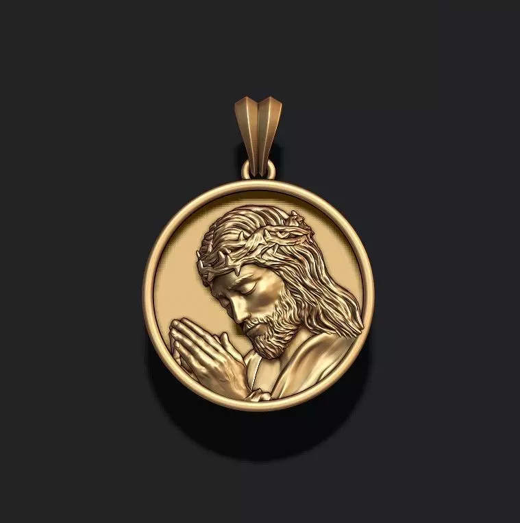 Praying Jesus round frame pendant 3D print model_0