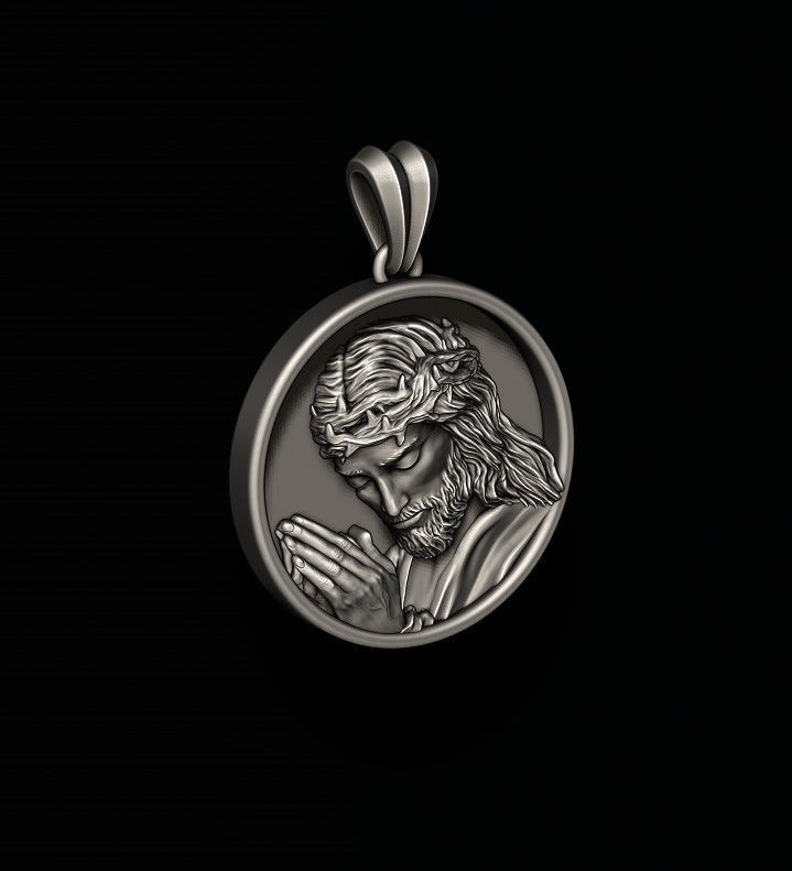 Praying Jesus round frame pendant 3D print model_3