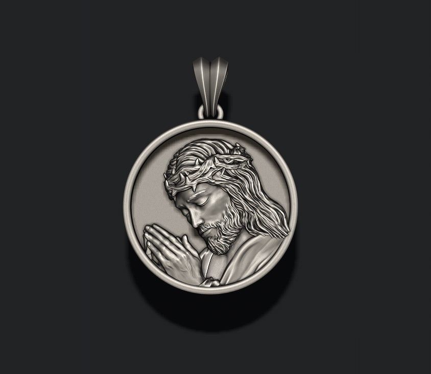 Praying Jesus round frame pendant 3D print model_1