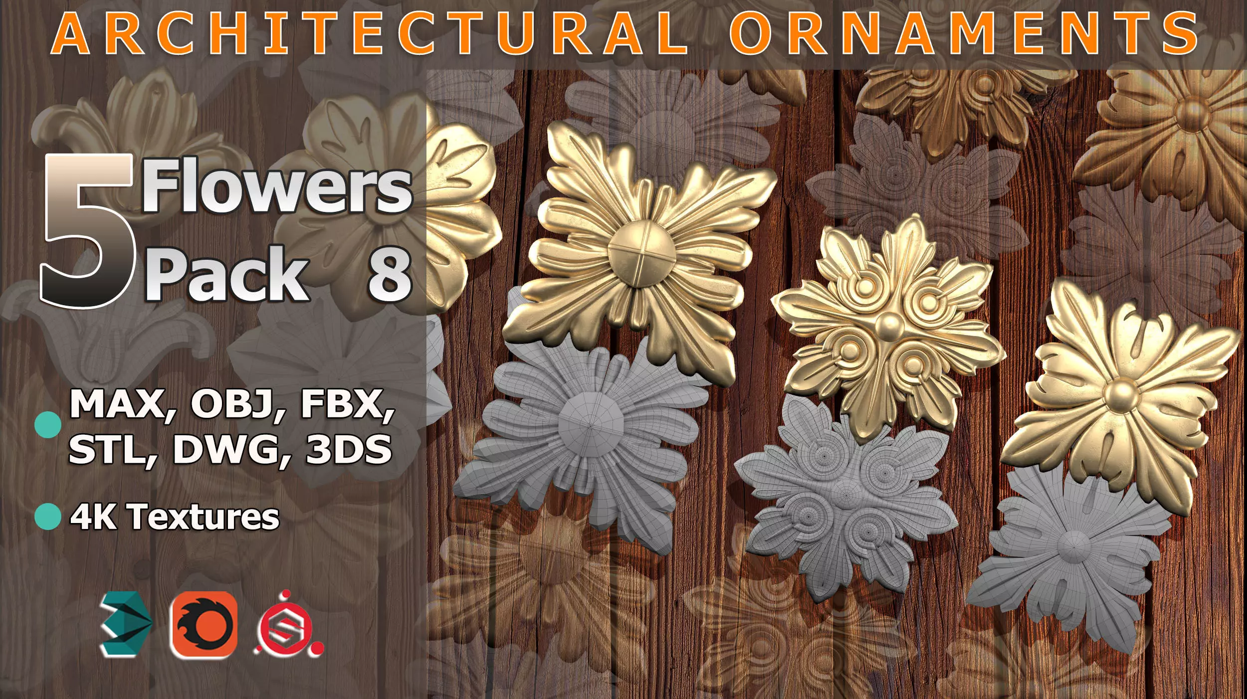 5 Flowers Ornamental Pack 8 3D model_0